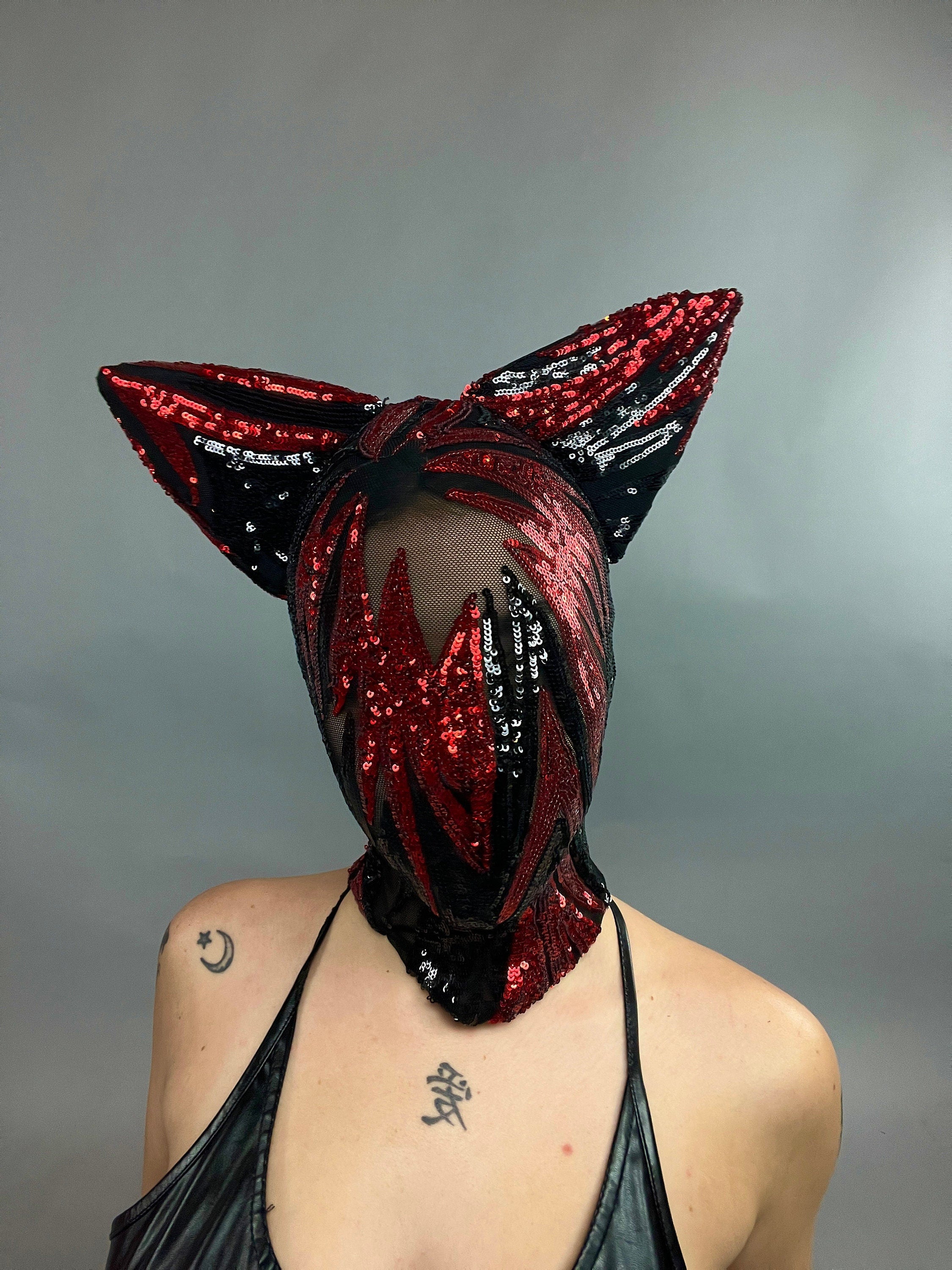 Cat Ears Sequin Headpiece, Festival Headpiece, Beautiful Sequin Face Mask, Fantasy Creature, Futuristic Clothing, Sequin Face Mask, Trending Now