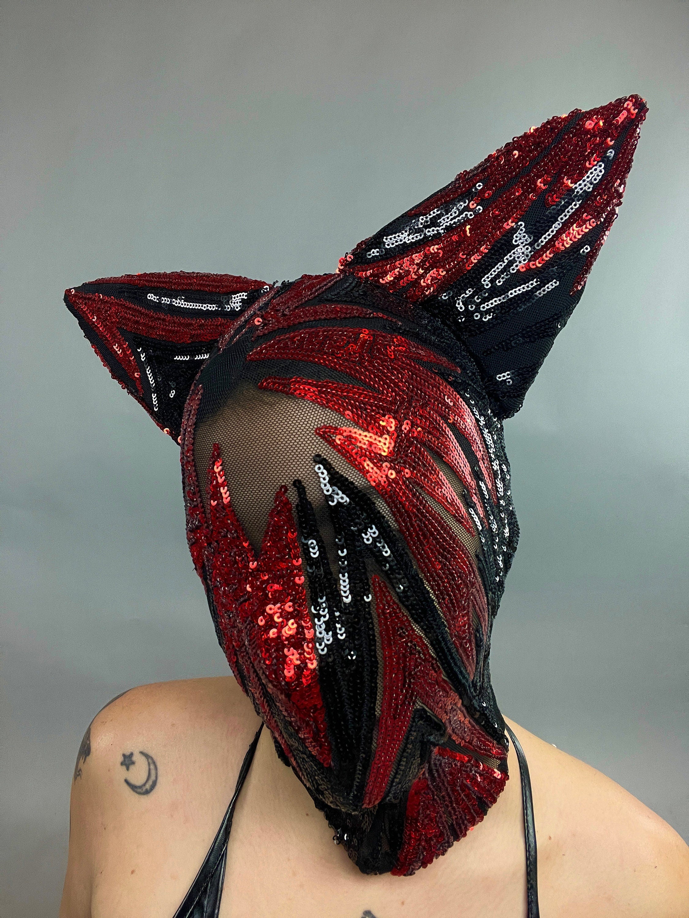 Cat Ears Sequin Headpiece, Festival Headpiece, Beautiful Sequin Face Mask, Fantasy Creature, Futuristic Clothing, Sequin Face Mask, Trending Now