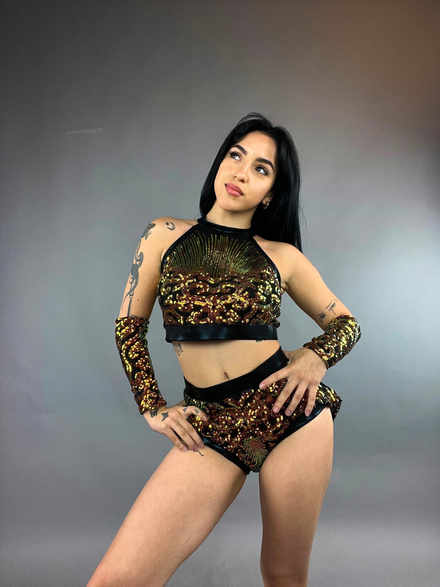 Gold Sequin on Black Crop Top and Bottom Set, Shorts With Half-Skirt, Halterneck Top, Hand Accessories