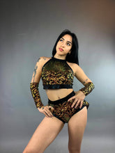 Gold Sequin on Black Crop Top and Bottom Set, Shorts With Half-Skirt, Halterneck Top, Hand Accessories