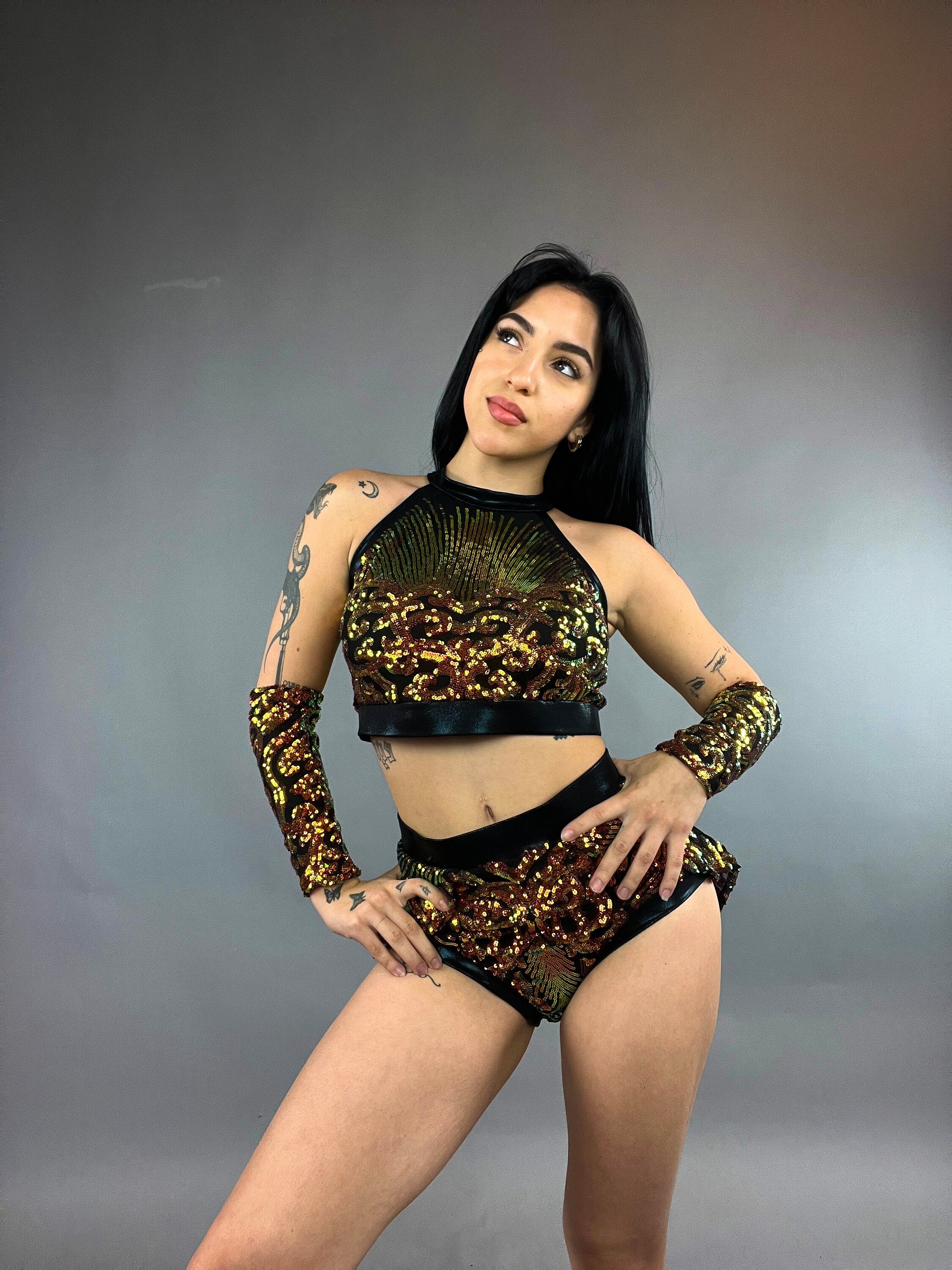 Gold Sequin on Black Crop Top and Bottom Set, Shorts With Half-Skirt, Halterneck Top, Hand Accessories