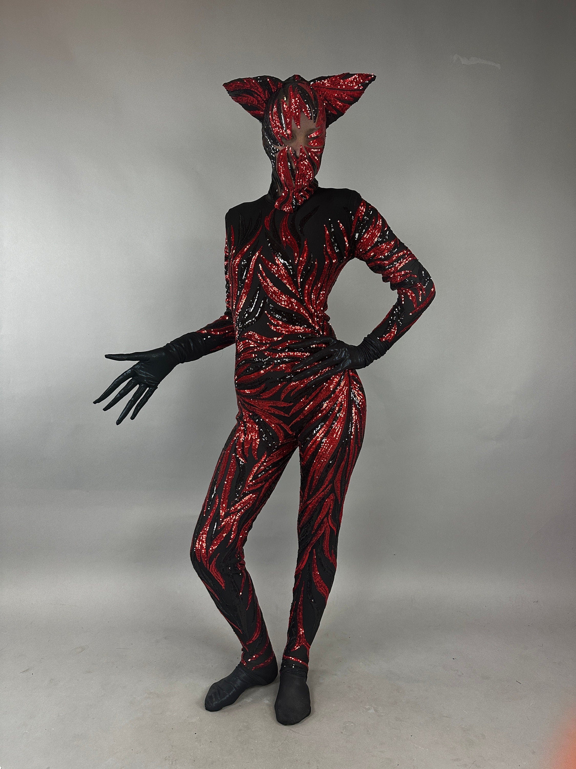 Vamp Costume, Fantasy Character , Halloween Costume, Exotic Dancewear, Sequins Catsuit, Trending Now