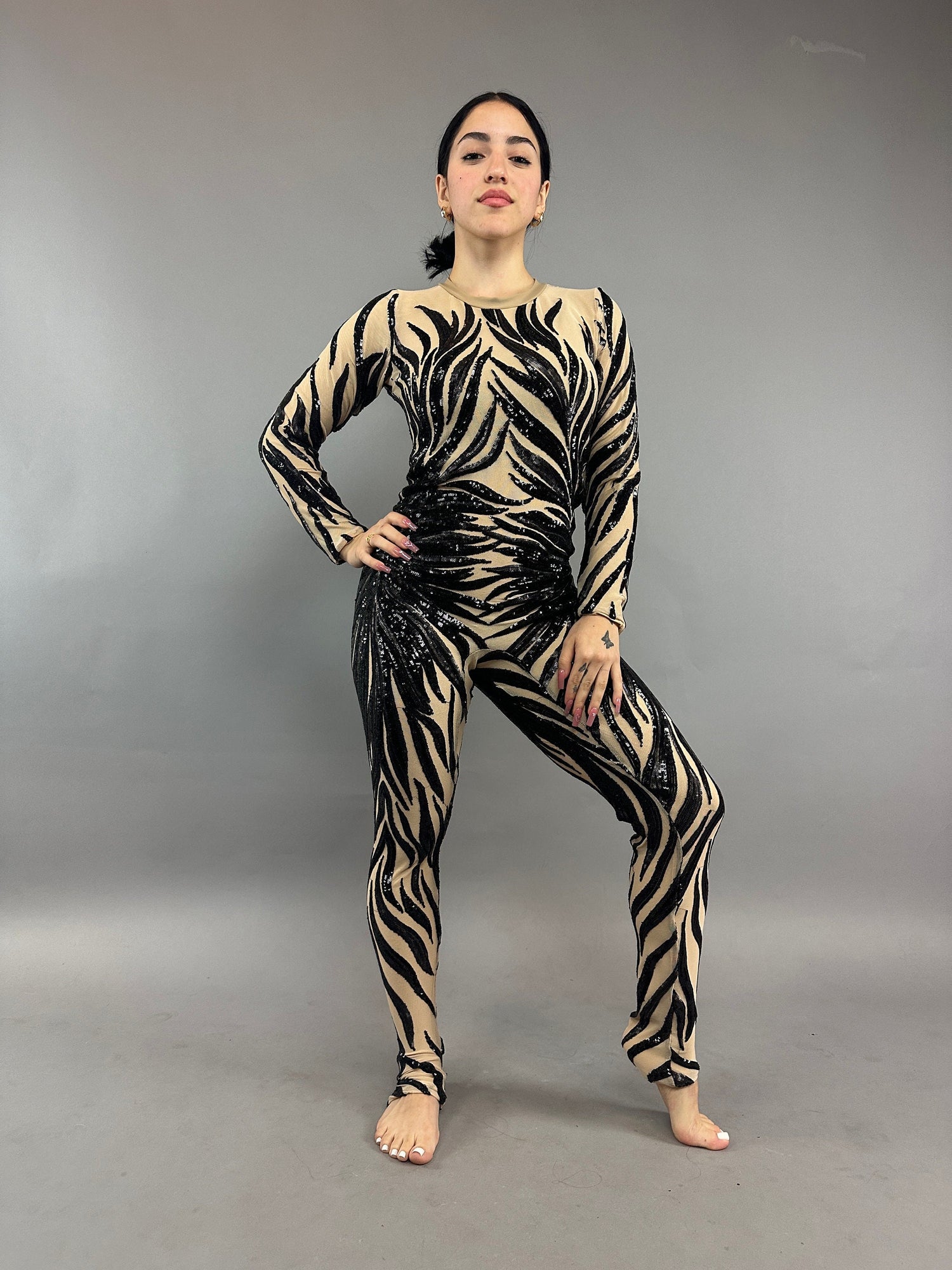 Black Sequin on Beige Catsuit, Scoop Neck, Full Sleeves