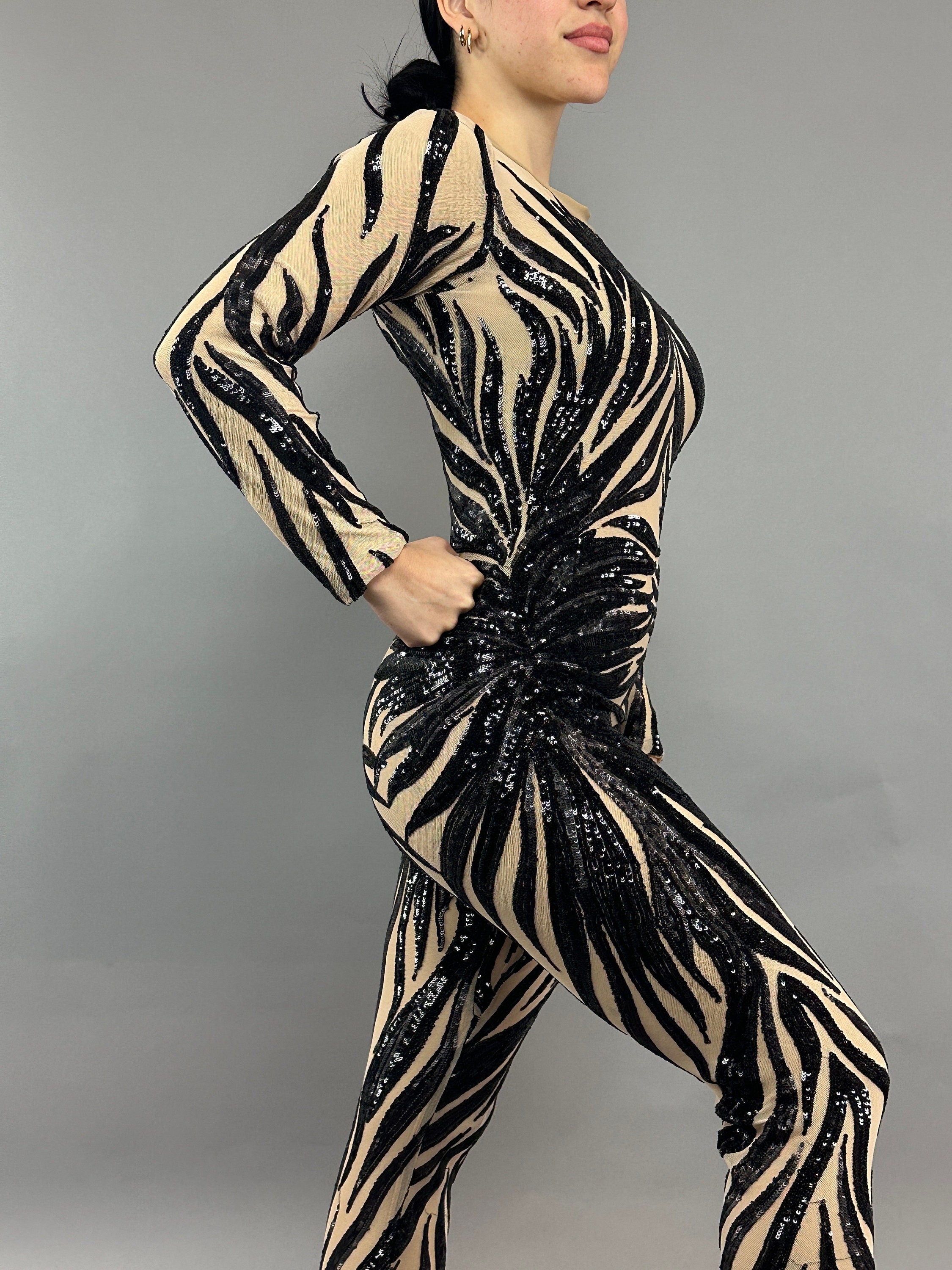 Black Sequin on Beige Catsuit, Scoop Neck, Full Sleeves