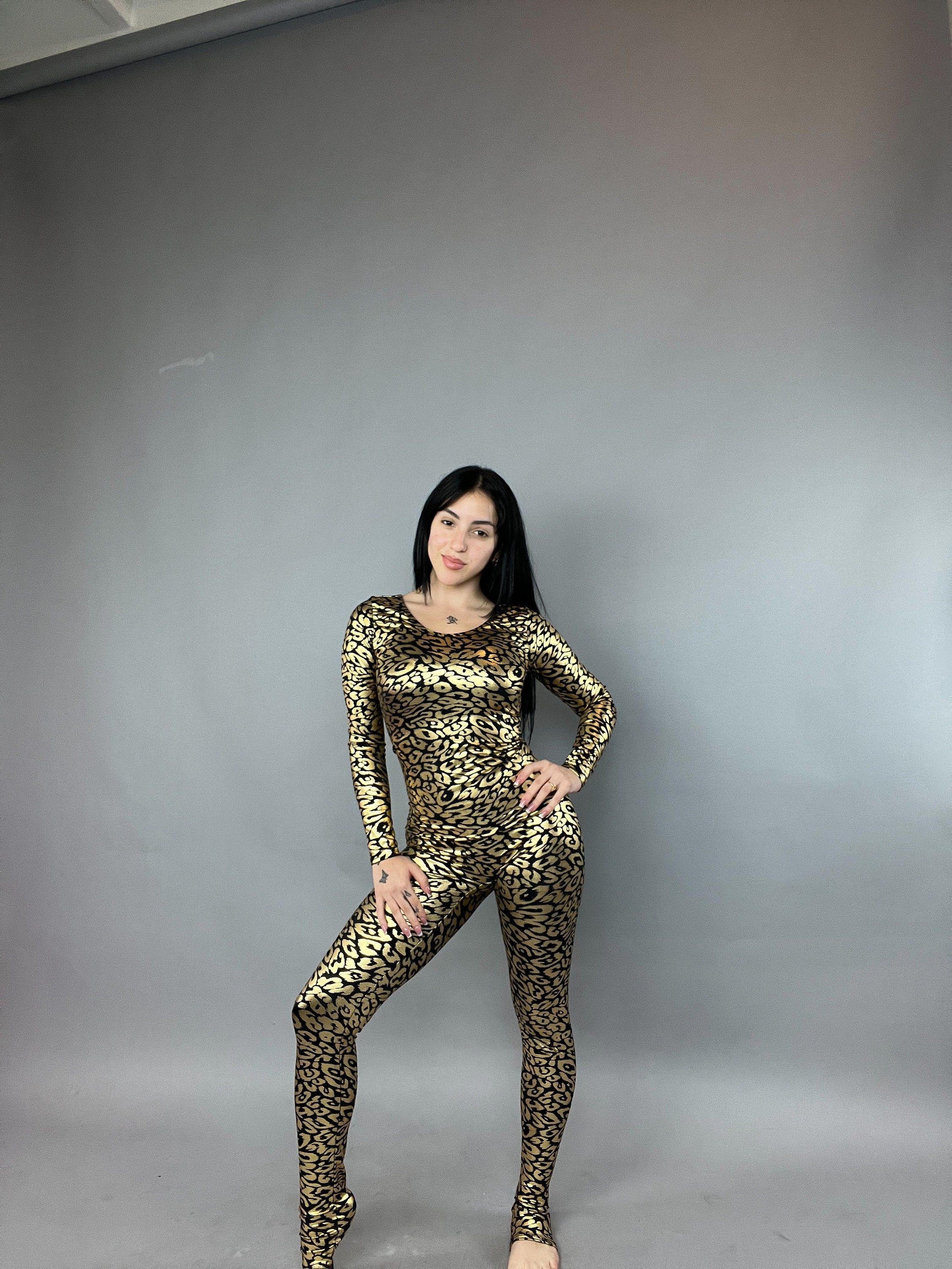 Gold Cheetah Print Spandex, Scoop Neckline, Long Arm Sleeves