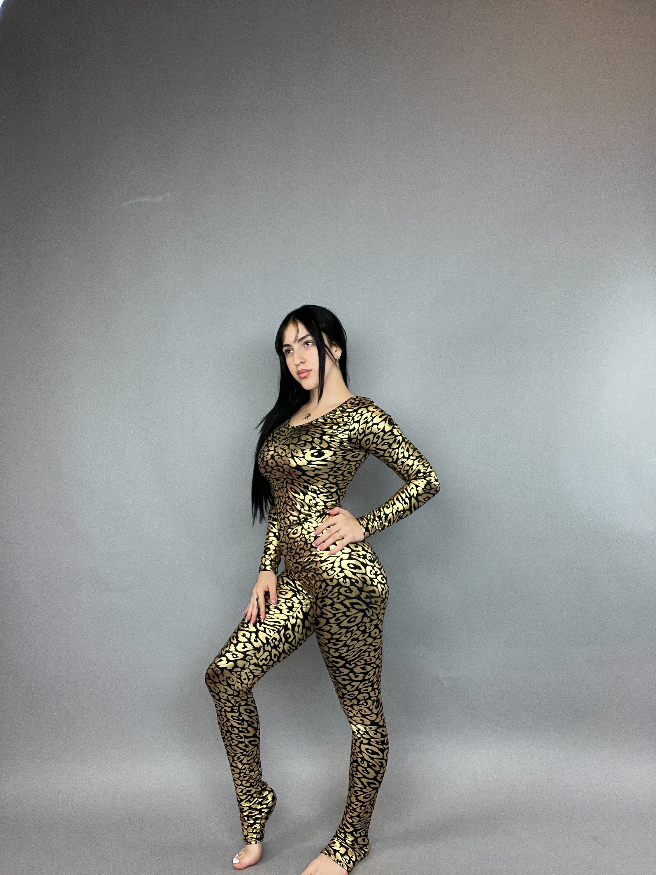 Gold Cheetah Print Spandex, Scoop Neckline, Long Arm Sleeves