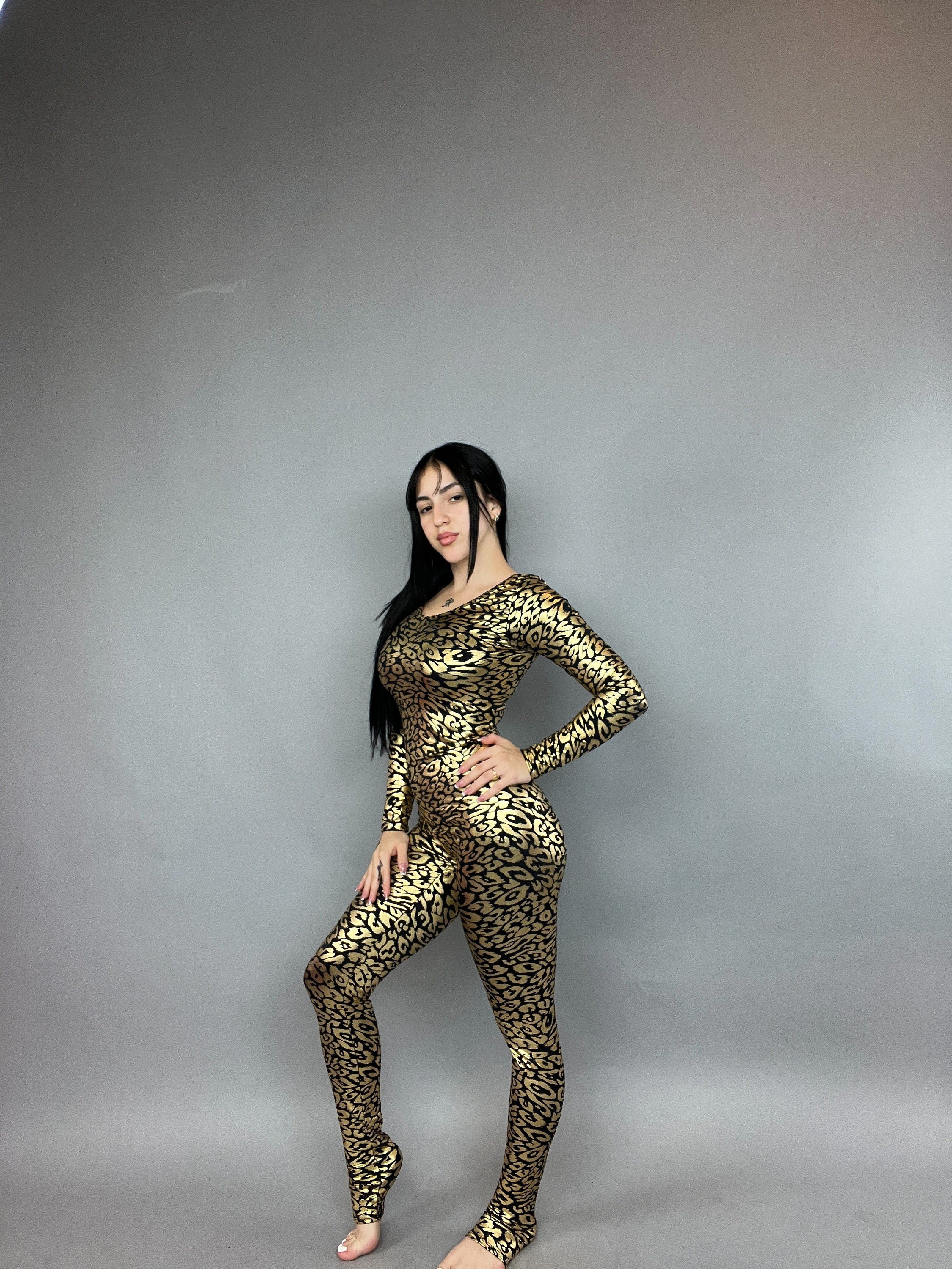 Gold Cheetah Print Spandex, Scoop Neckline, Long Arm Sleeves
