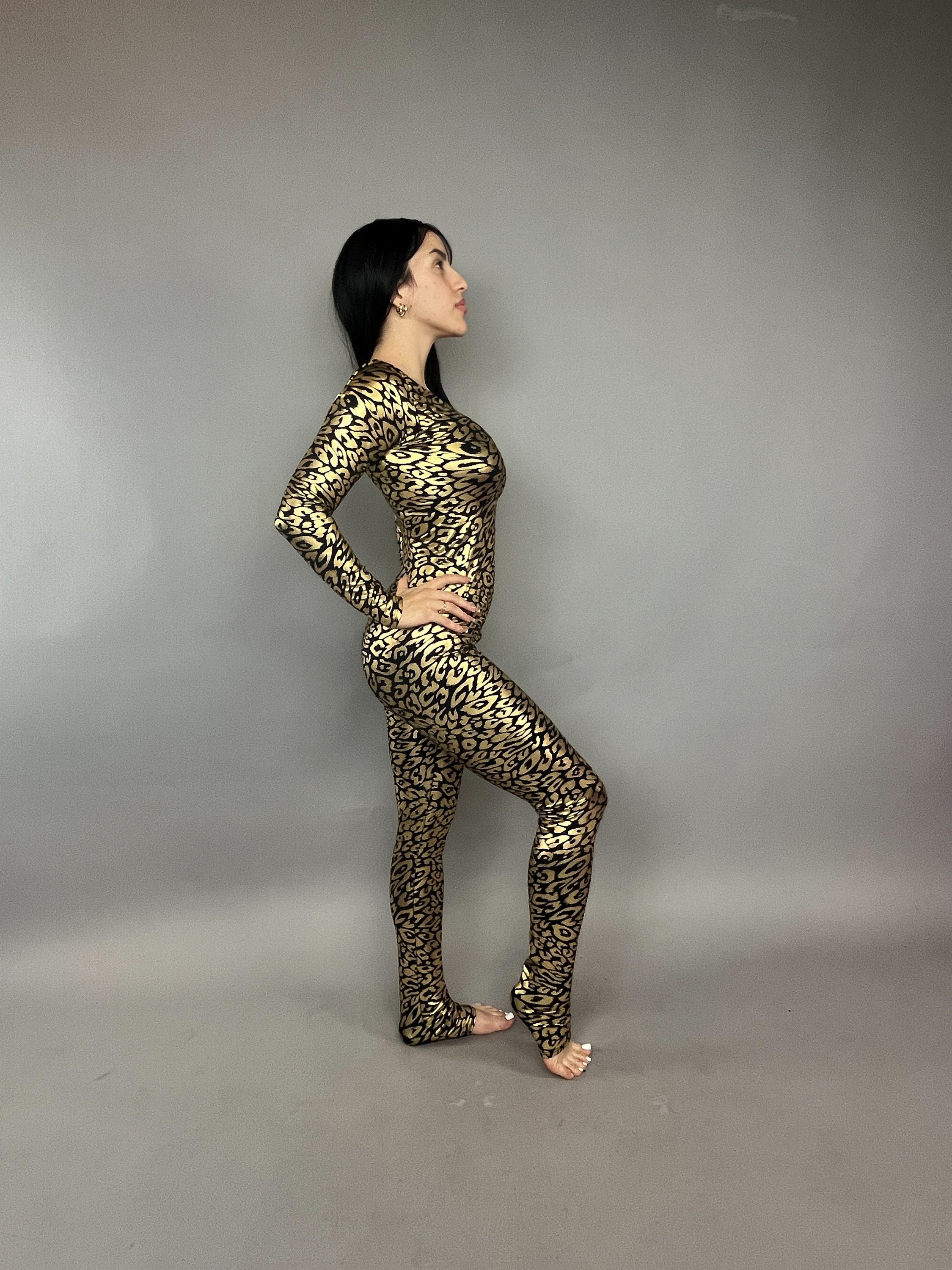 Gold Cheetah Print Spandex, Scoop Neckline, Long Arm Sleeves