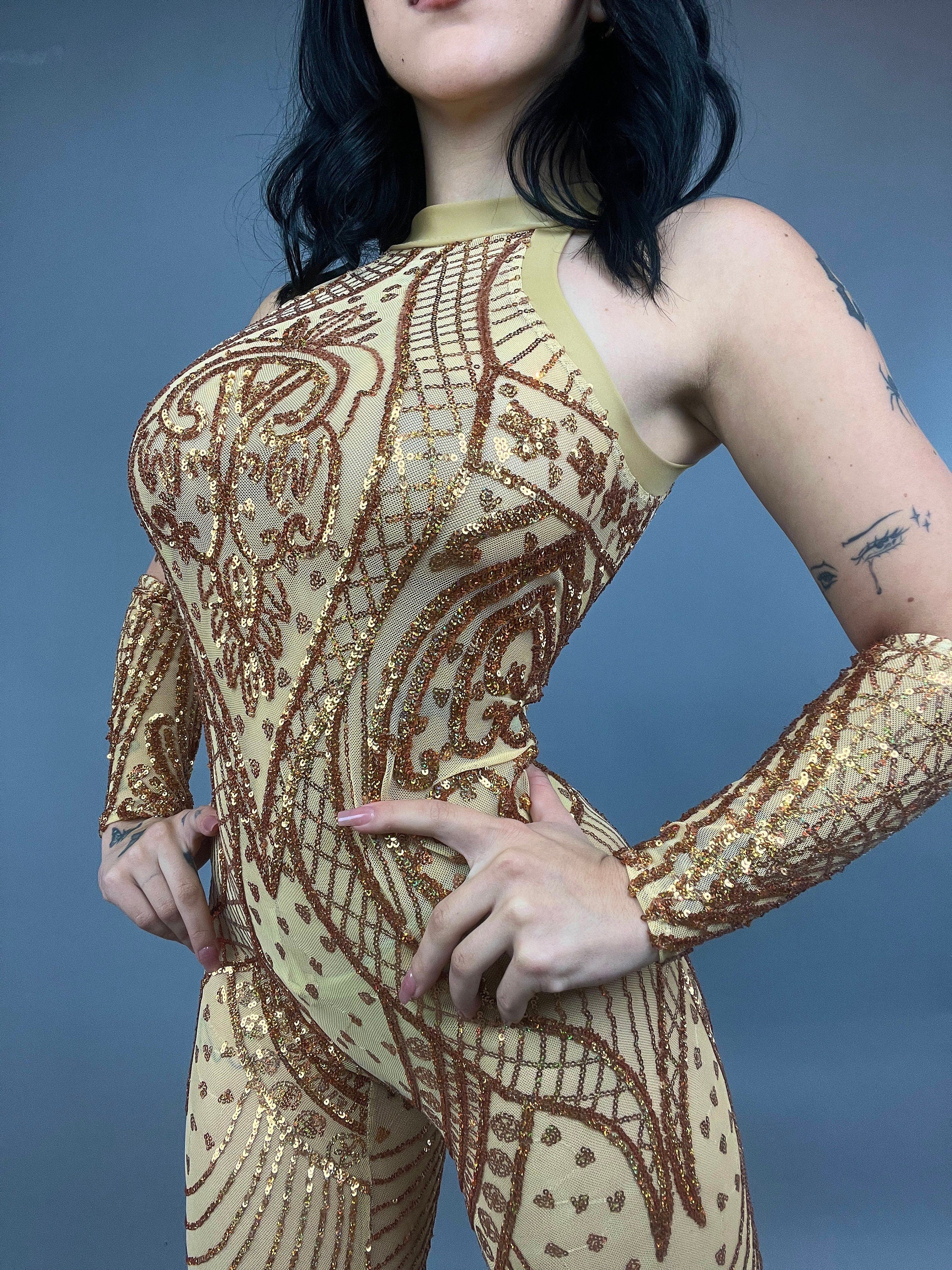 Gold Sequin Bodysuit, Sheer Catsuit, Contortionist Costume, Wedding Jumpsuit, Sleeveless Unitard, Custom Dance Wear