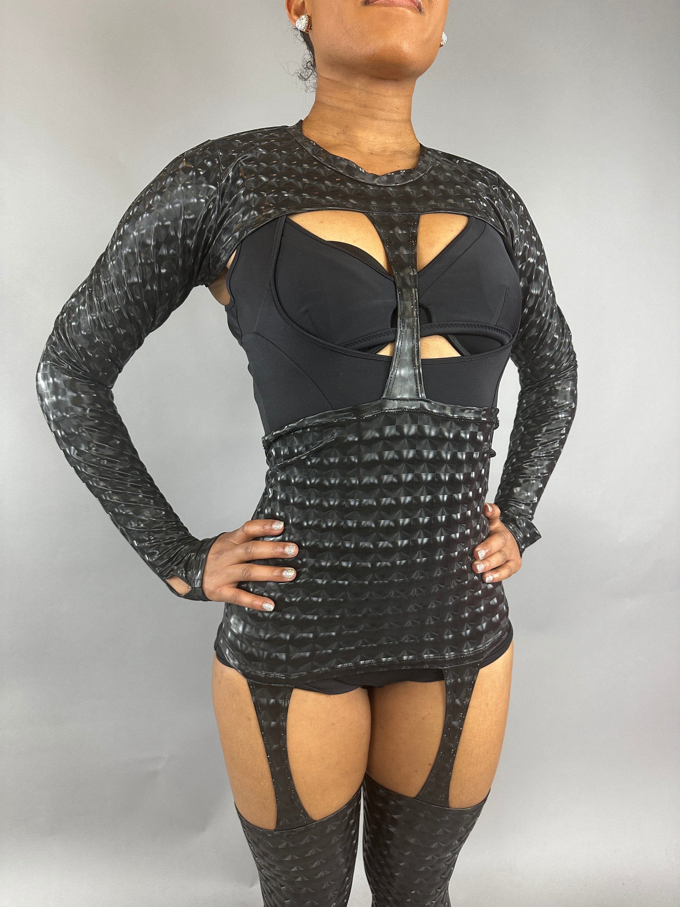 Black Cutout Catsuit Jumpsuit, Full Sleeves, Spandex Spandex Costume