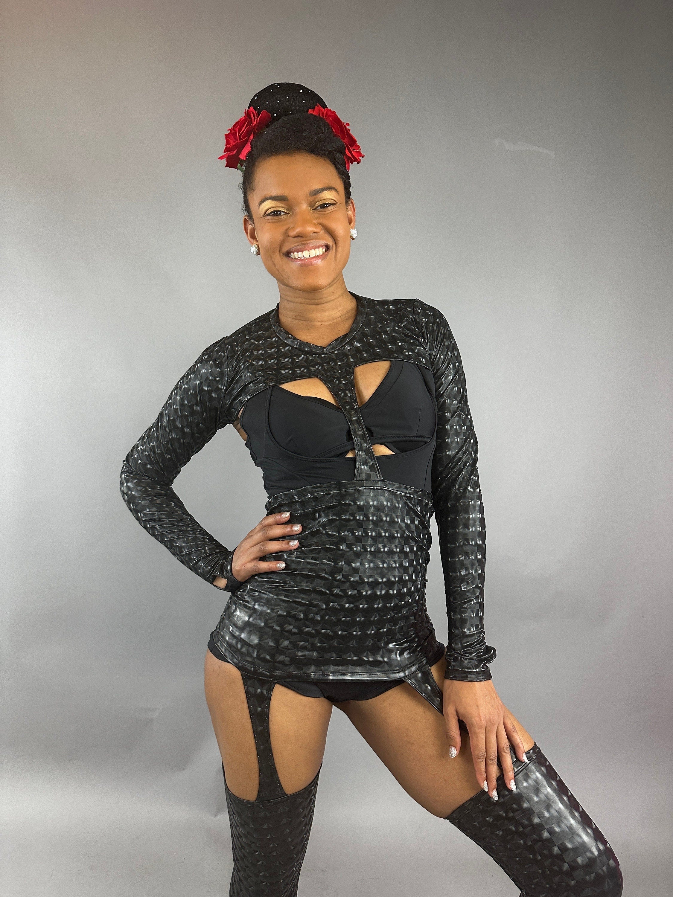 Black Cutout Catsuit Jumpsuit, Full Sleeves, Spandex Spandex Costume