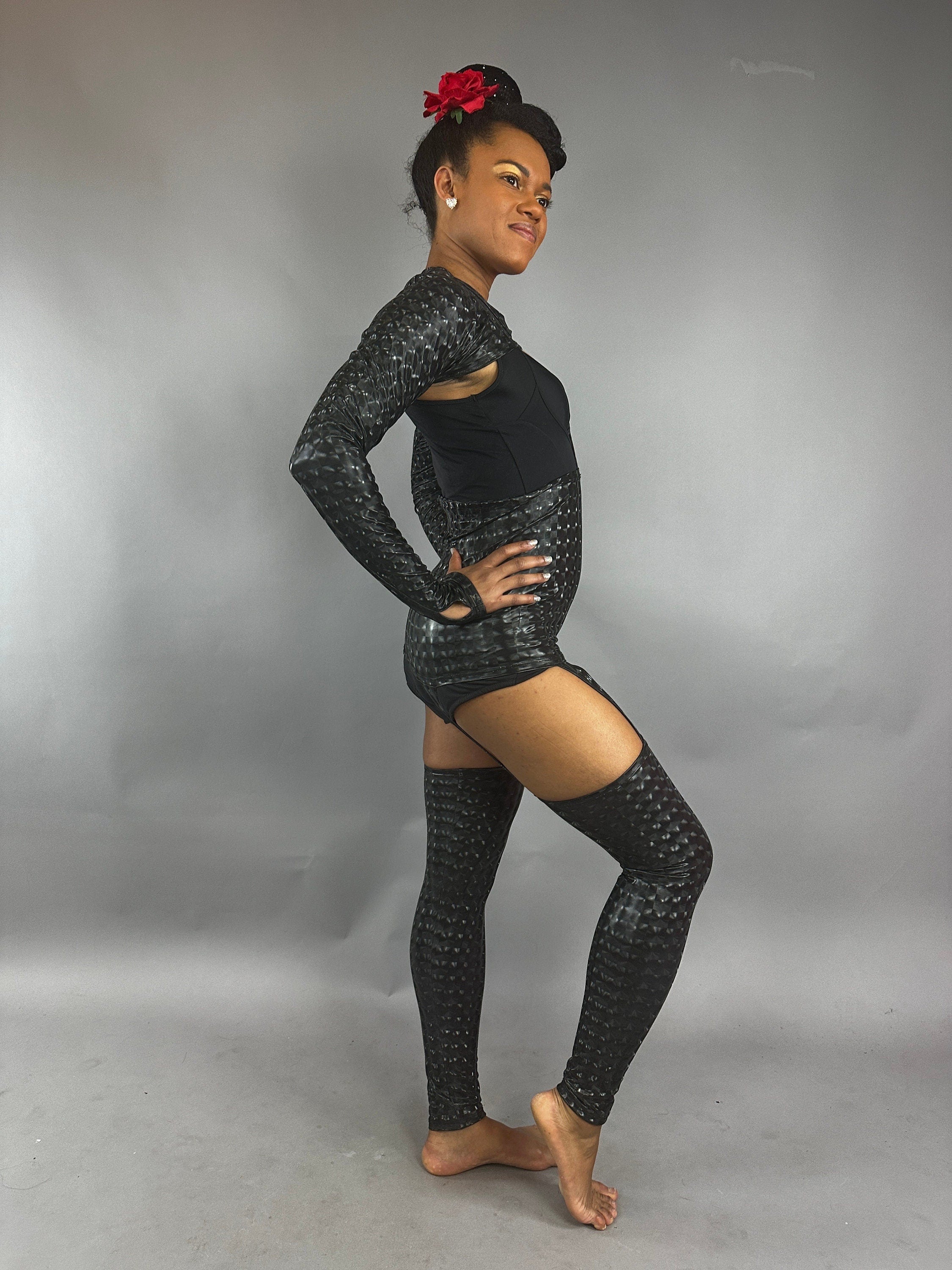 Black Cutout Catsuit Jumpsuit, Full Sleeves, Spandex Spandex Costume