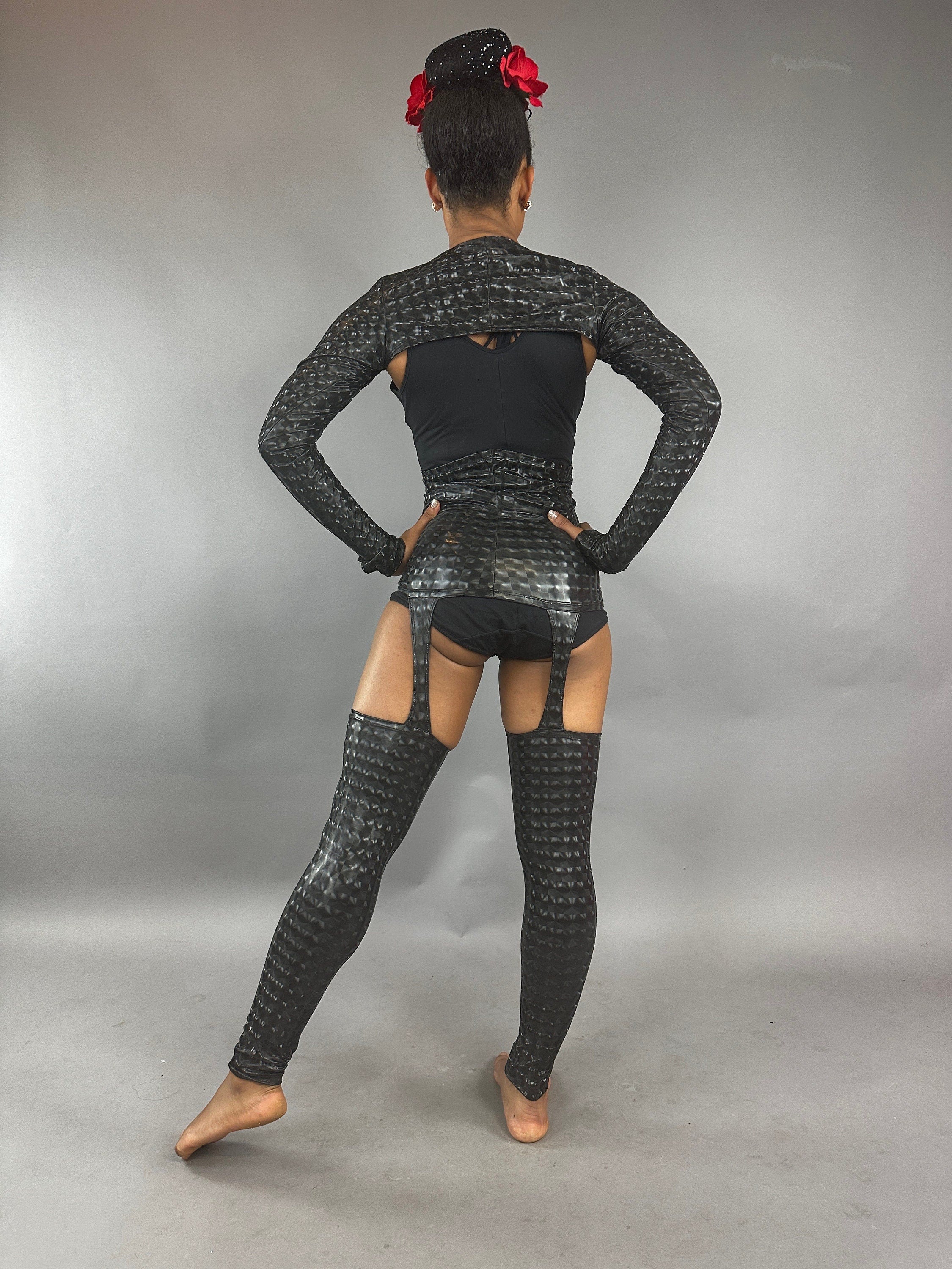 Black Cutout Catsuit Jumpsuit, Full Sleeves, Spandex Spandex Costume