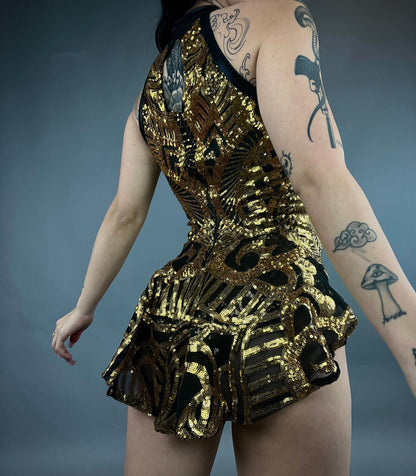 Glamorous Black &amp; Gold Sequin Leotard: Show Girl Costume, Salsa Dancer Bodysuit, Exotic Dance Wear