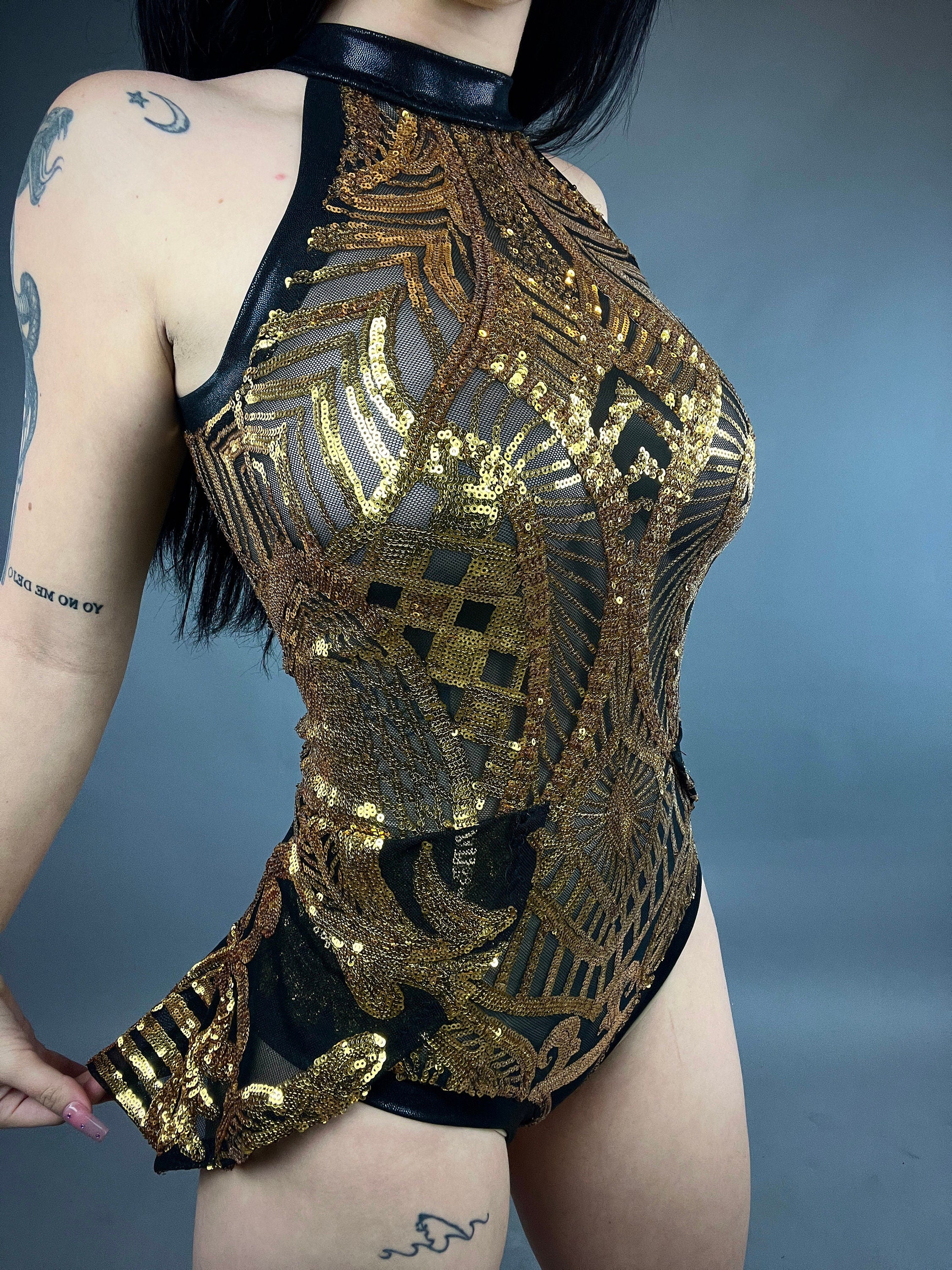 Glamorous Black &amp; Gold Sequin Leotard: Show Girl Costume, Salsa Dancer Bodysuit, Exotic Dance Wear