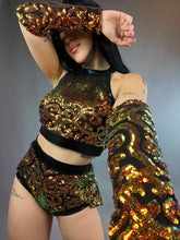 Gold Sequin on Black Crop Top and Bottom Set, Shorts With Half-Skirt, Halterneck Top, Hand Accessories