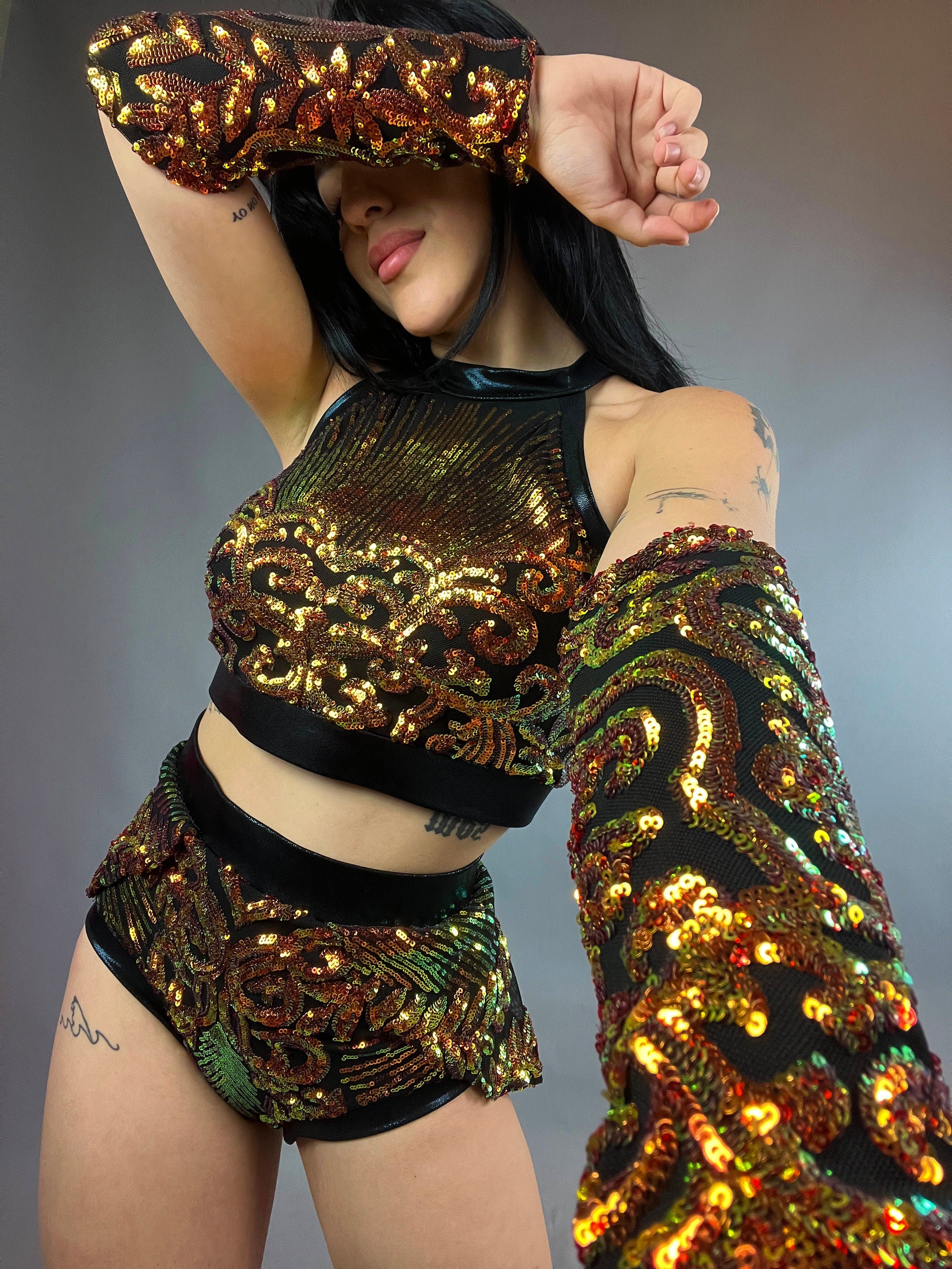 Gold Sequin on Black Crop Top and Bottom Set, Shorts With Half-Skirt, Halterneck Top, Hand Accessories