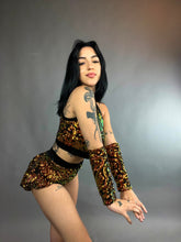 Gold Sequin on Black Crop Top and Bottom Set, Shorts With Half-Skirt, Halterneck Top, Hand Accessories