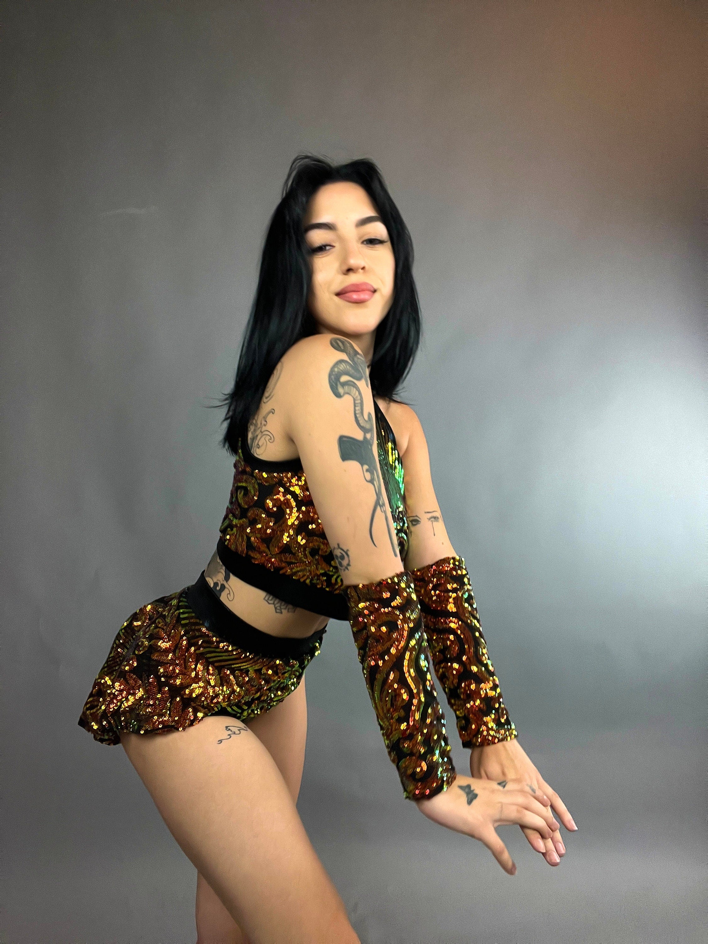 Gold Sequin on Black Crop Top and Bottom Set, Shorts With Half-Skirt, Halterneck Top, Hand Accessories