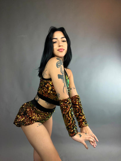 Gold Sequin on Black Crop Top and Bottom Set, Shorts With Half-Skirt, Halterneck Top, Hand Accessories