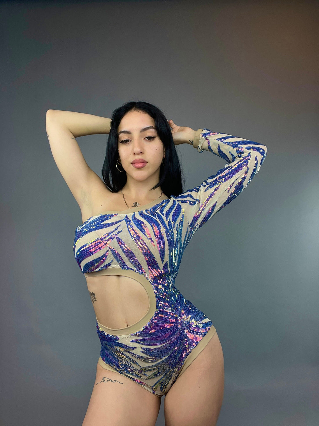 Isolated Blue Sequin On Nude Leotard, Cut Outs, Asymmetric Design