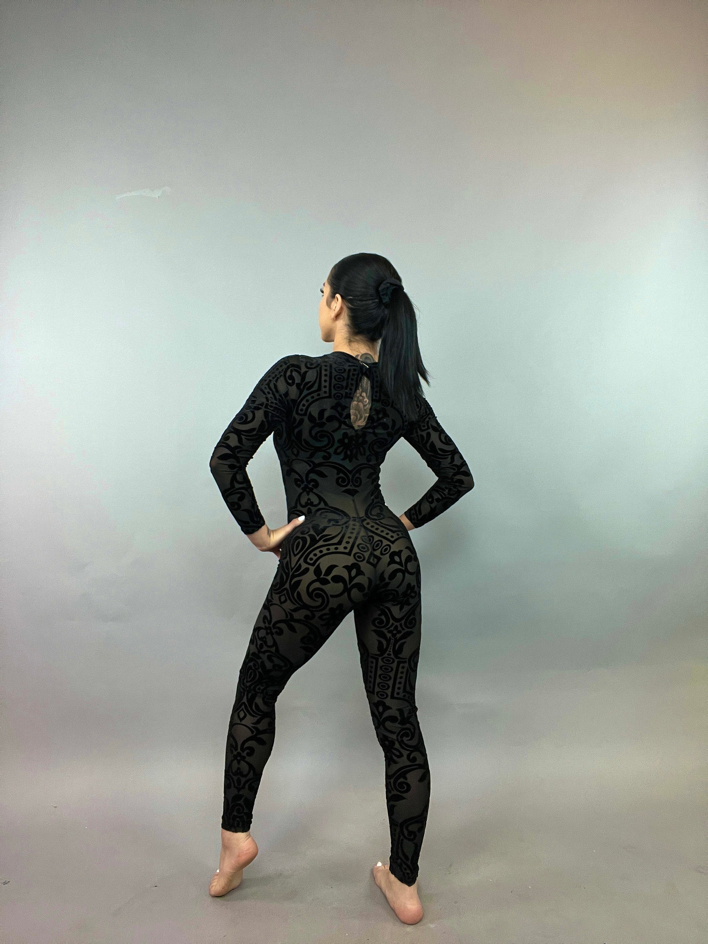 Sheer Black Velvet Catsuit, Scoop Neck, Full Sleeves, Self Design Stage Wear