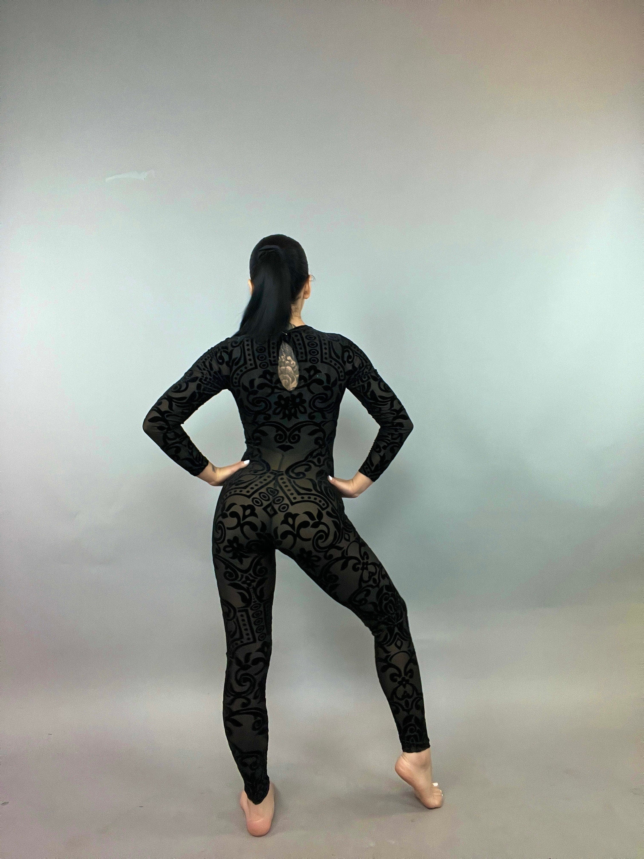 Sheer Black Velvet Catsuit, Scoop Neck, Full Sleeves, Self Design Stage Wear