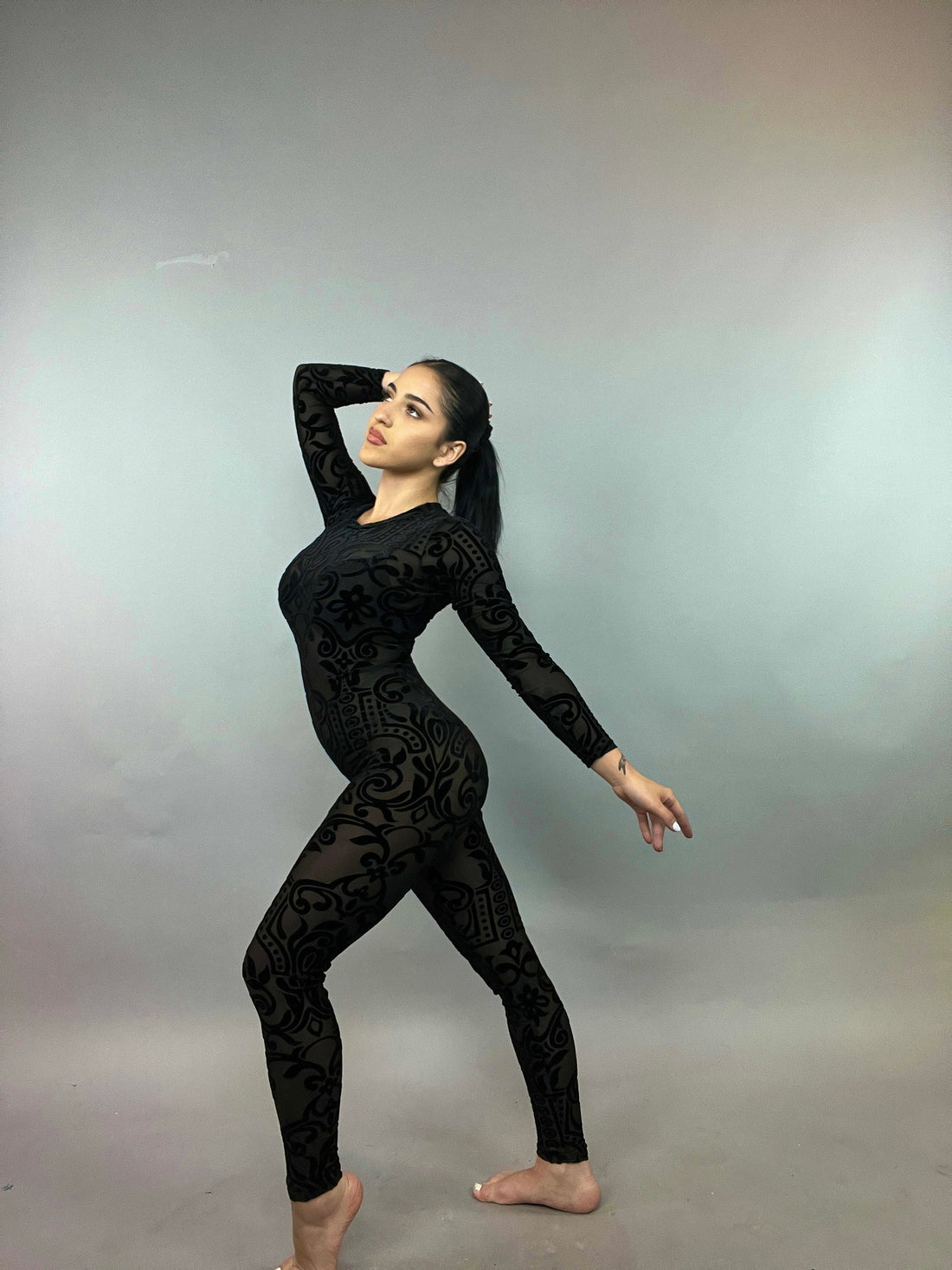 Sheer Black Velvet Catsuit, Scoop Neck, Full Sleeves, Self Design Stage Wear