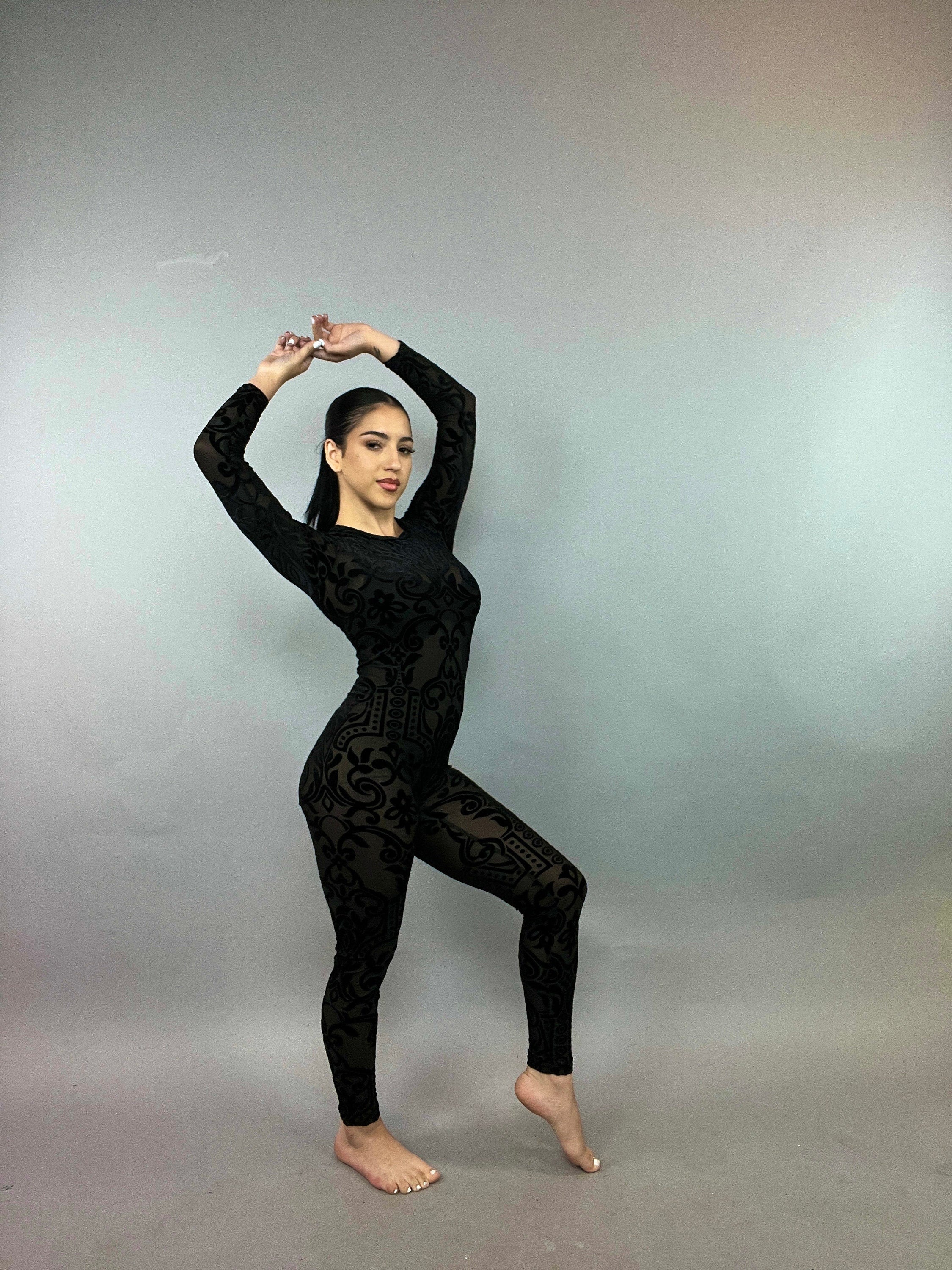 Sheer Black Velvet Catsuit, Scoop Neck, Full Sleeves, Self Design Stage Wear