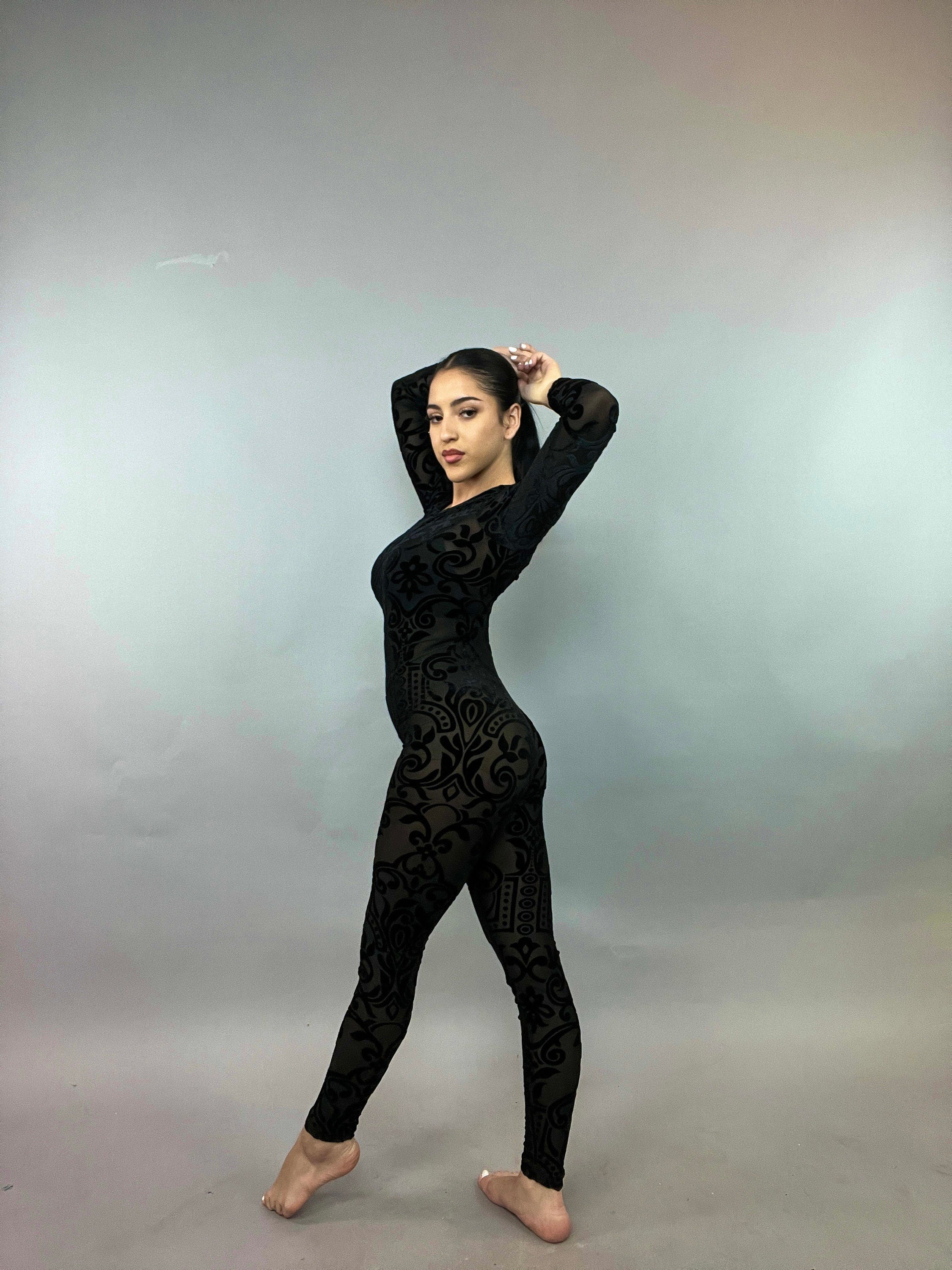 Sheer Black Velvet Catsuit, Scoop Neck, Full Sleeves, Self Design Stage Wear