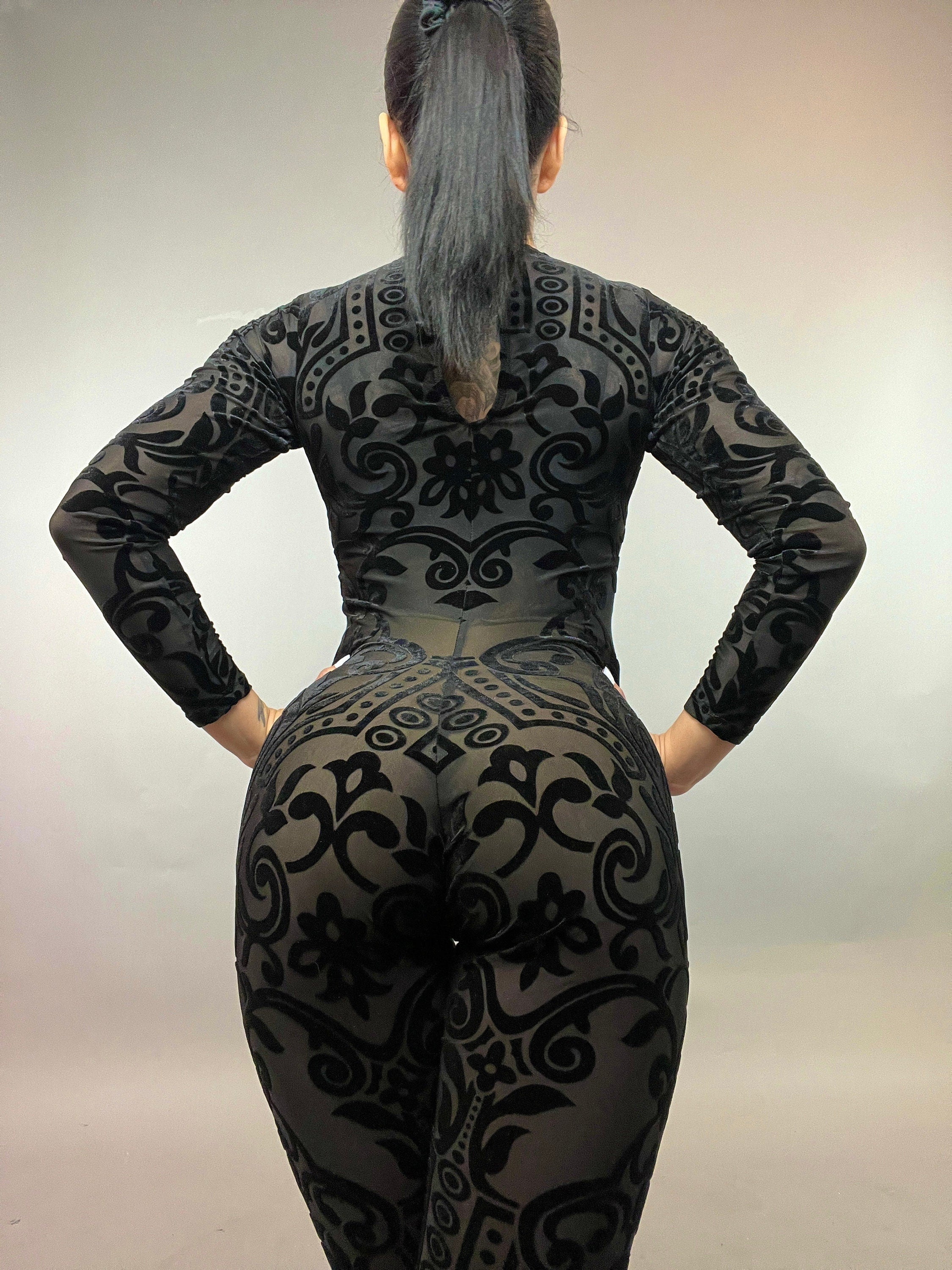 Sheer Black Velvet Catsuit, Scoop Neck, Full Sleeves, Self Design Stage Wear