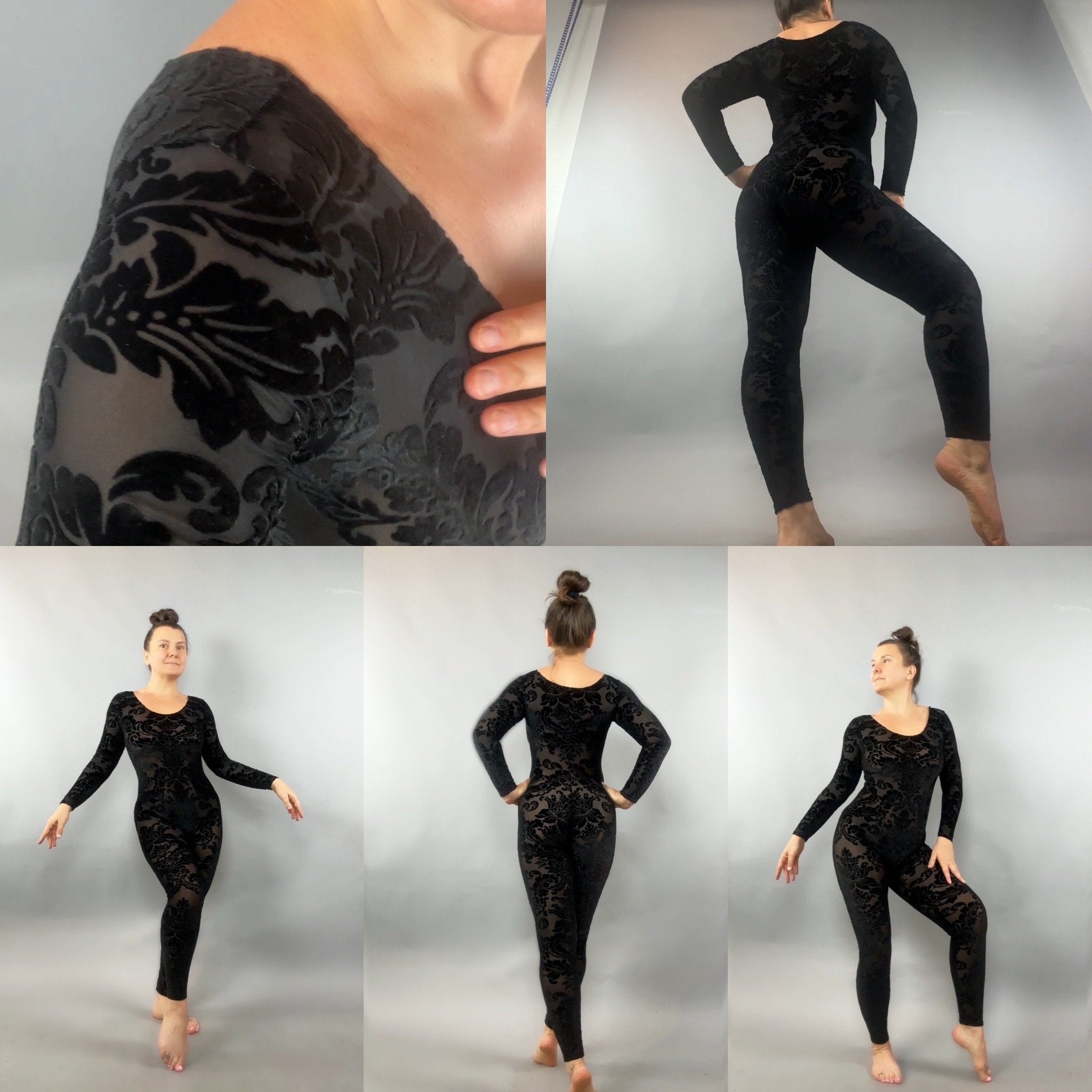 Black Sheer Velvet Bodysuit, Scoop Neck, Full Sleeves