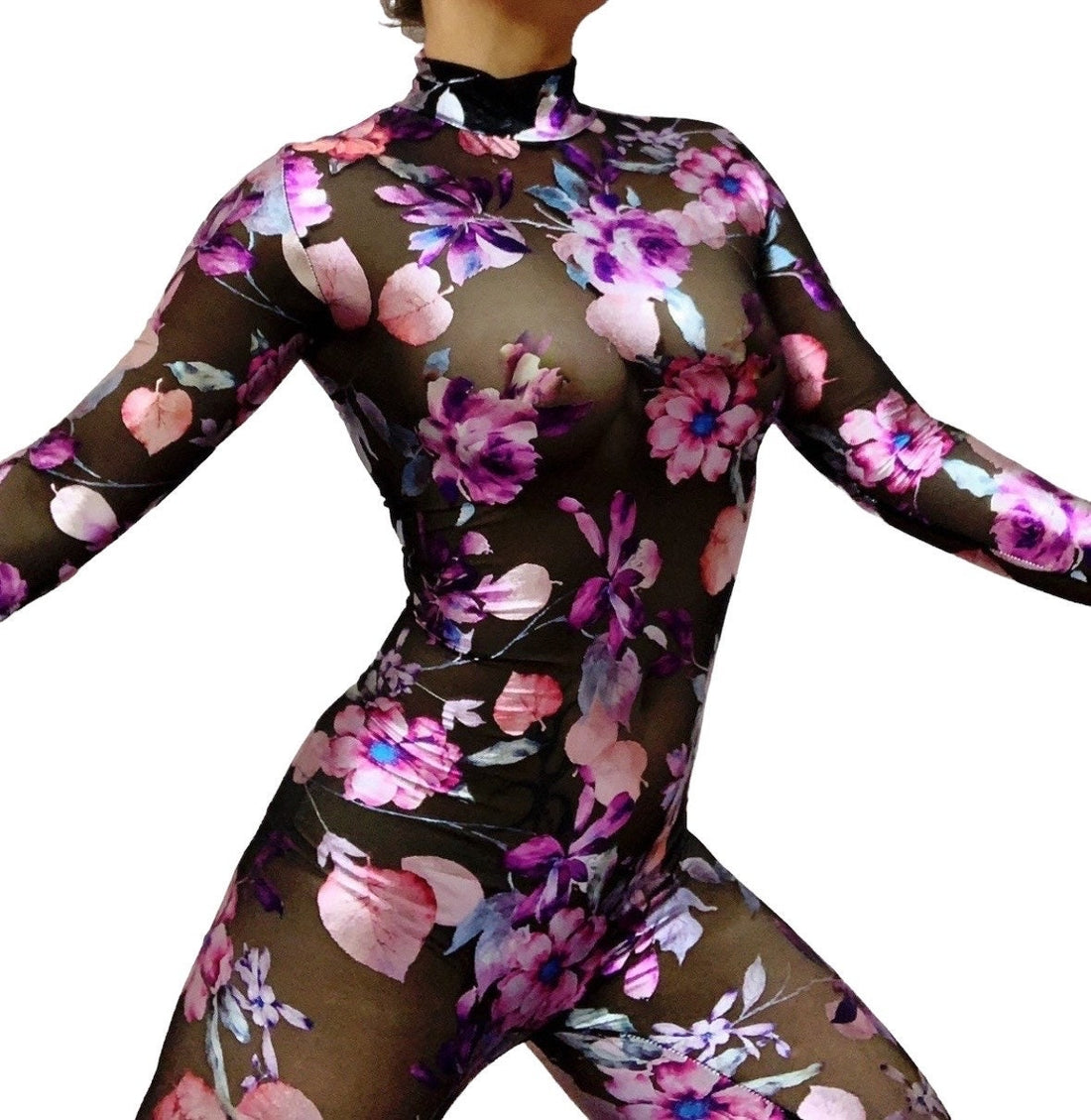 Night Bloom Floral Sheer Black Catsuit, Sheer Bodysuit, Turtleneck, Full Sleeves