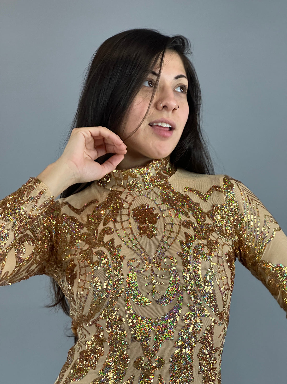 Gold Sequin Catsuit, Gold Fairy Costume, Full Sleeves