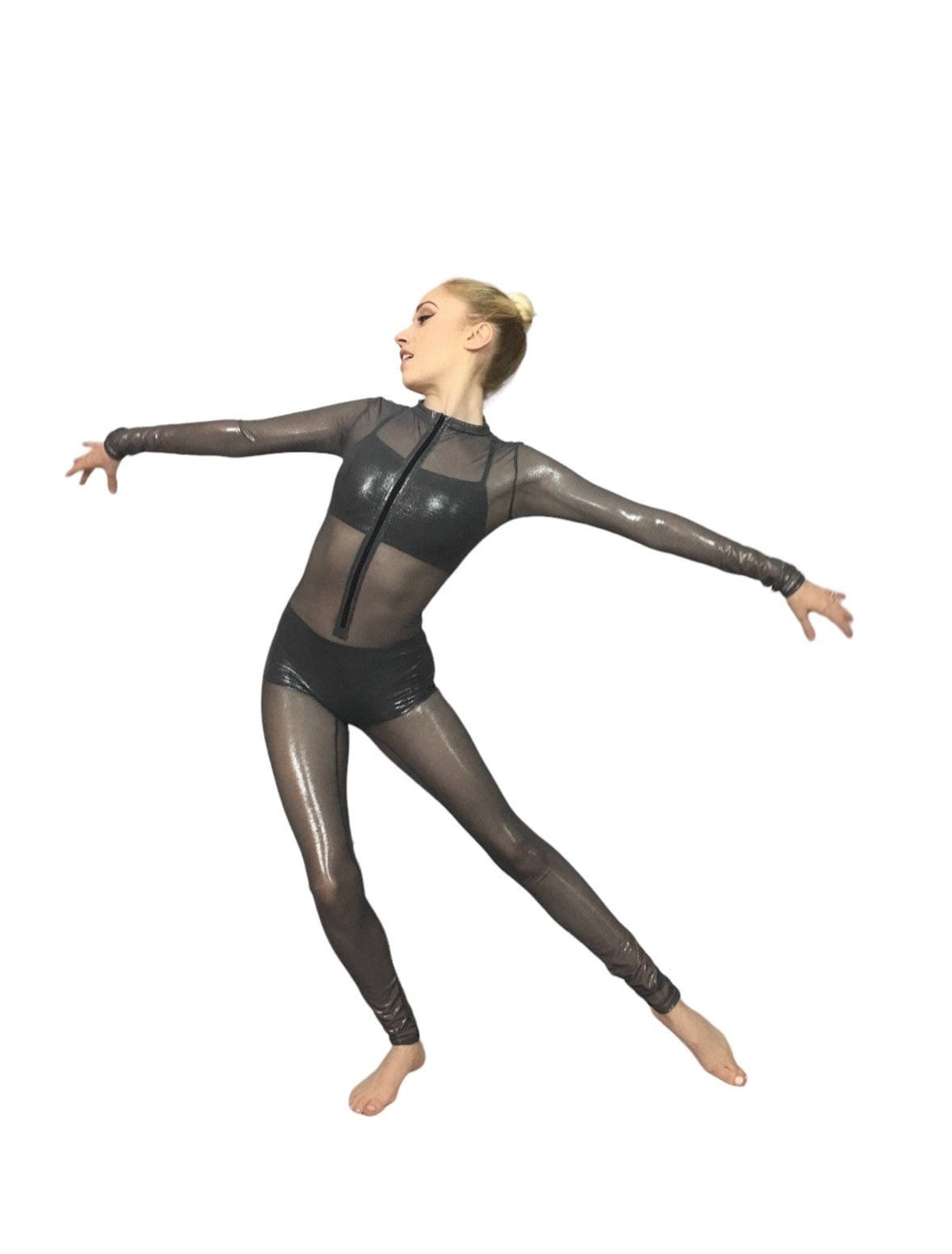 Metallic Gray Catsuit, Crew Neck, Full Sleeves