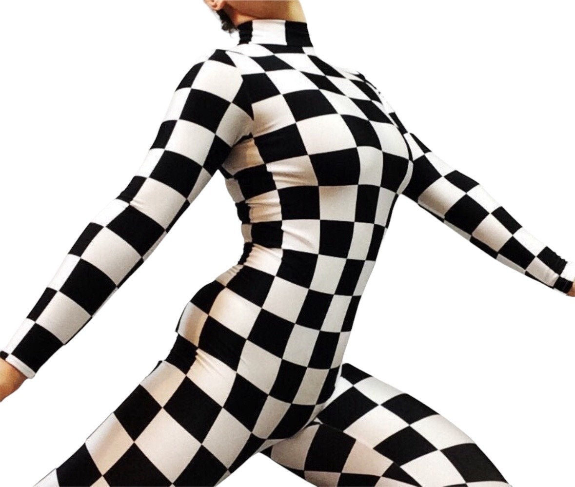 Checkers Print, Catsuit Costume, Exotic Dancewear, Neon Glow, Circus Outfit, Trending Now