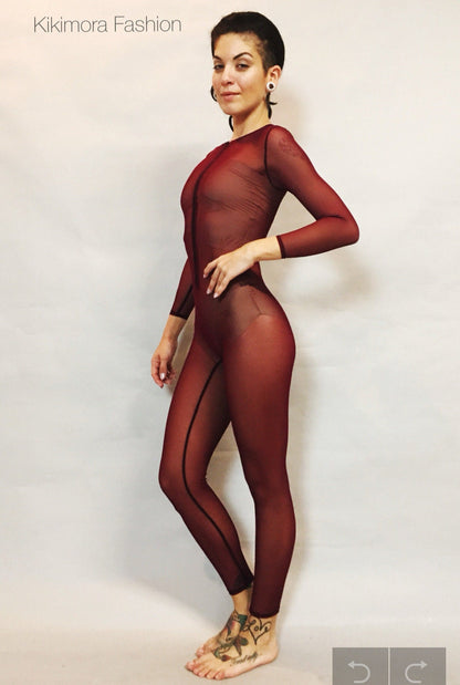 Dark Cherry Mesh Catsuit, Bodysuit, Costume for Dancers, Circus Performers, Festival Party