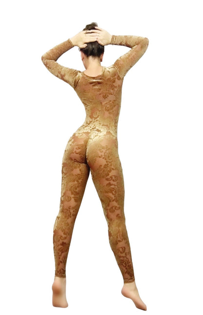 Beige Velvet Catsuit Bodysuit, Full Sleeves, Scoop Neck