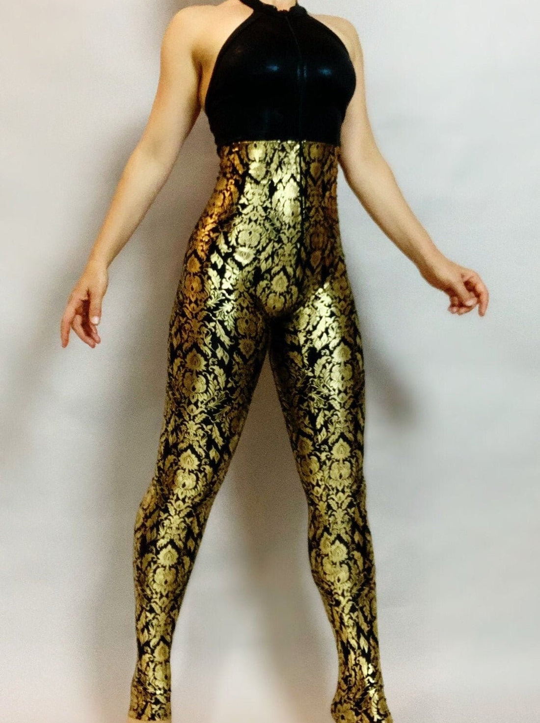 Black and Gold Sleeveless Catsuit, Halterneck, Backless, Sleeveless