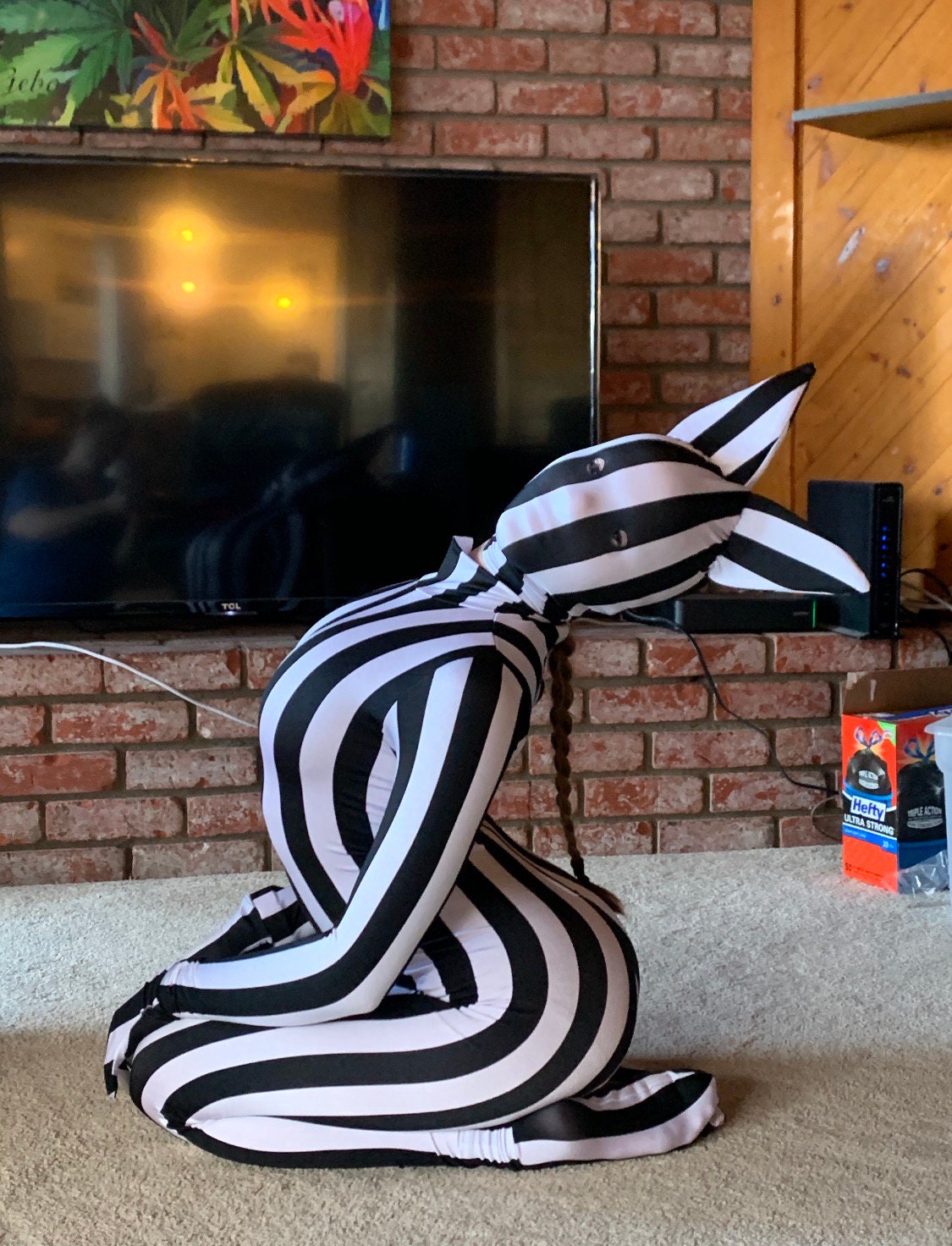 Black &amp; White Striped Catsuit Costume, Headpiece With Cat Ears, Gloves, Socks