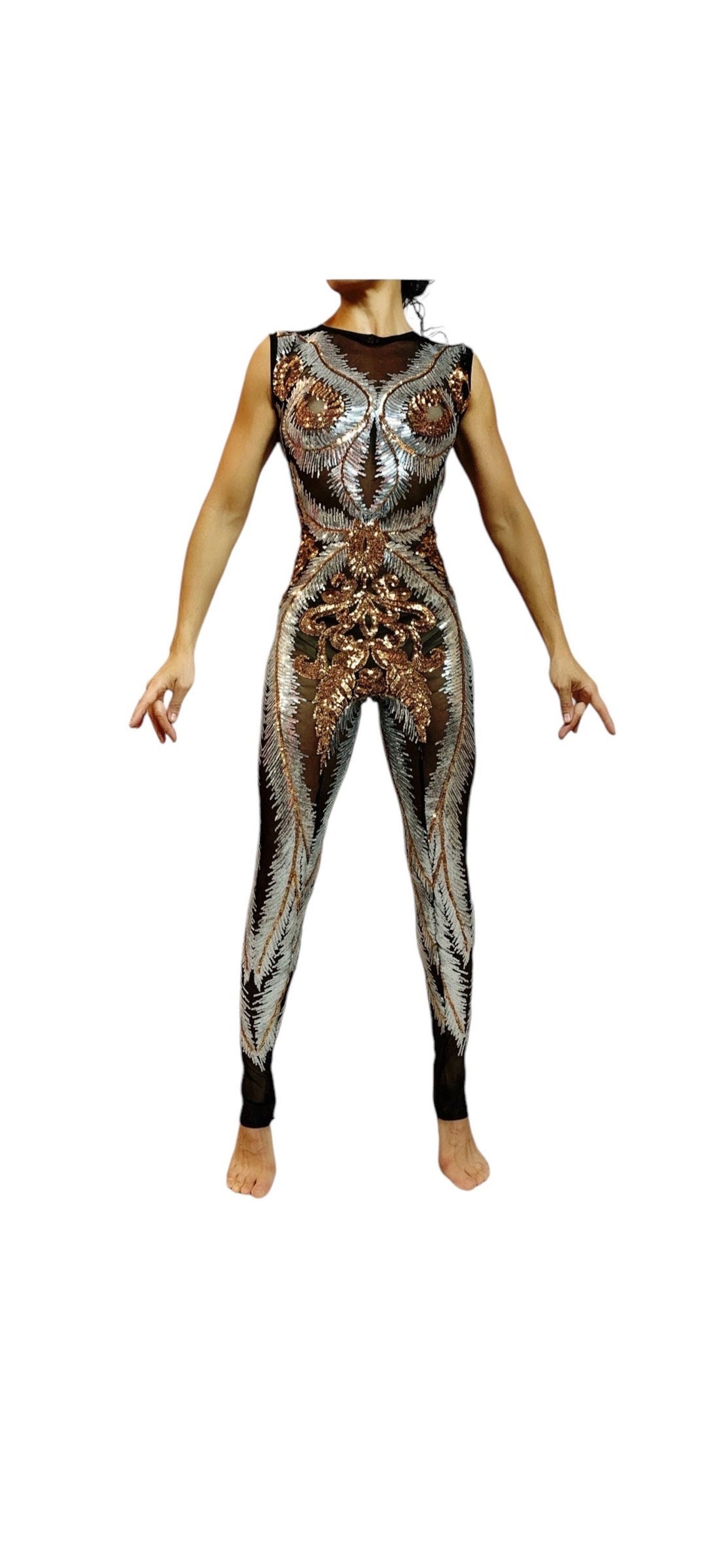 Black, Gold, and Silver Sequin Catsuit, Boat Neck, Sleeveless