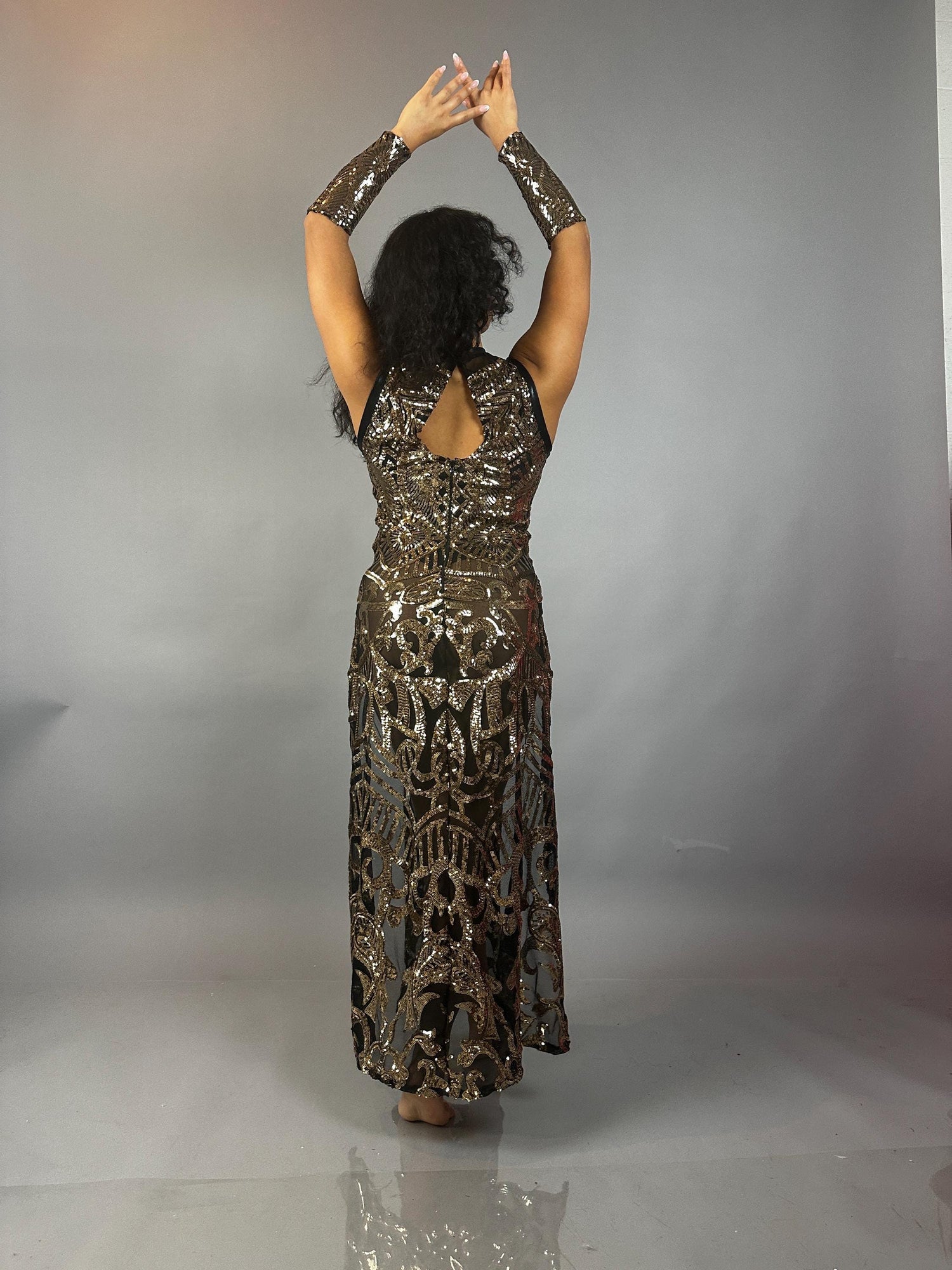 Gold Sequin On Black Sheer Dress, High-Slit Sleeveless Maxi Dress, Han Kikimora Fashion Store Gold Sequin On Black Sheer Dress, High-Slit Sleeveless Maxi Dress, Han Kikimora Fashion Store