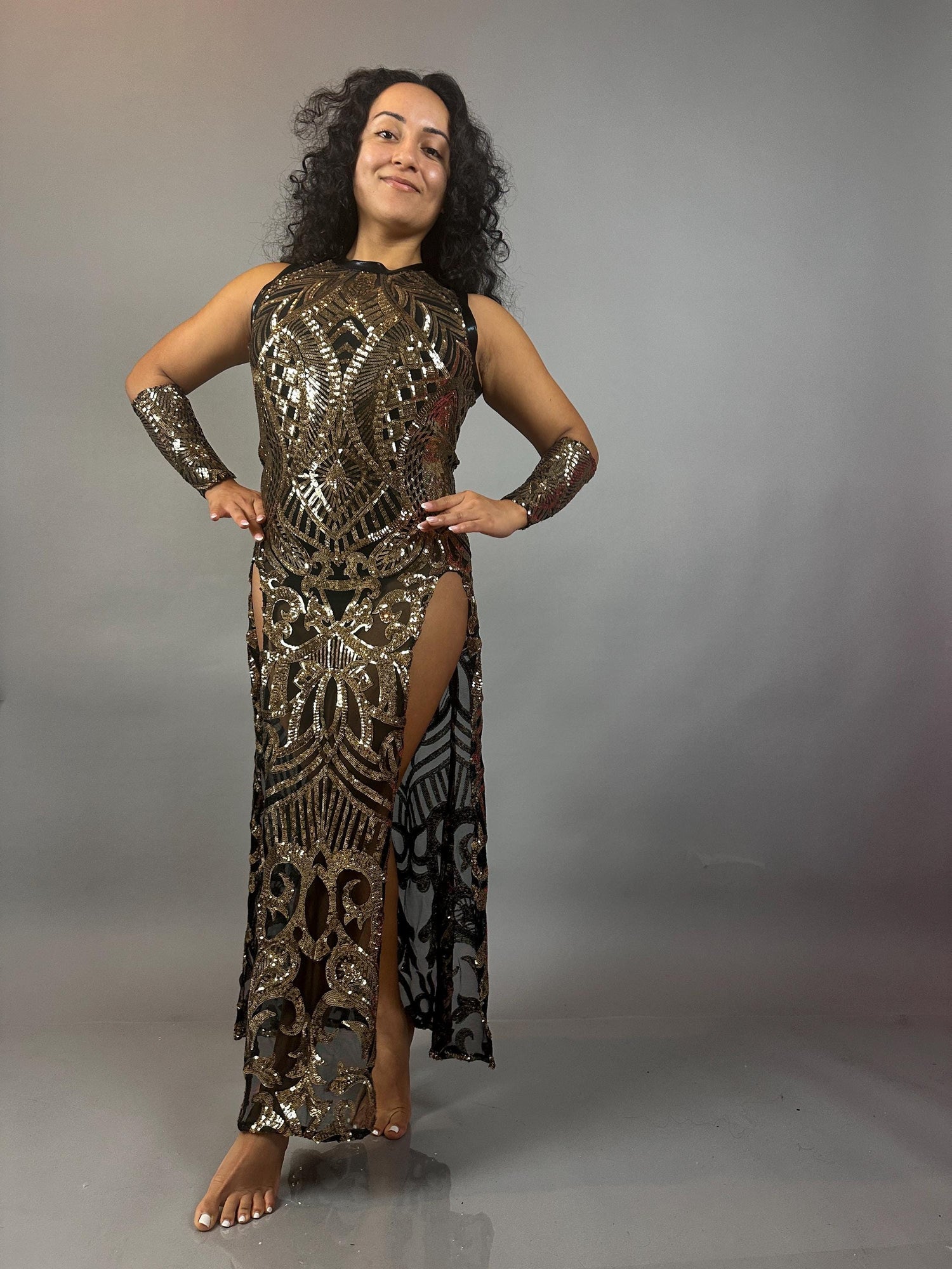 Gold Sequin On Black Sheer Dress, High-Slit Sleeveless Maxi Dress, Han Kikimora Fashion Store Gold Sequin On Black Sheer Dress, High-Slit Sleeveless Maxi Dress, Han Kikimora Fashion Store