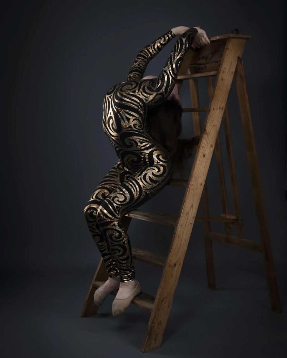 Black Swirl On Holographic Catsuit, Scoop Neck, Full Sleeves