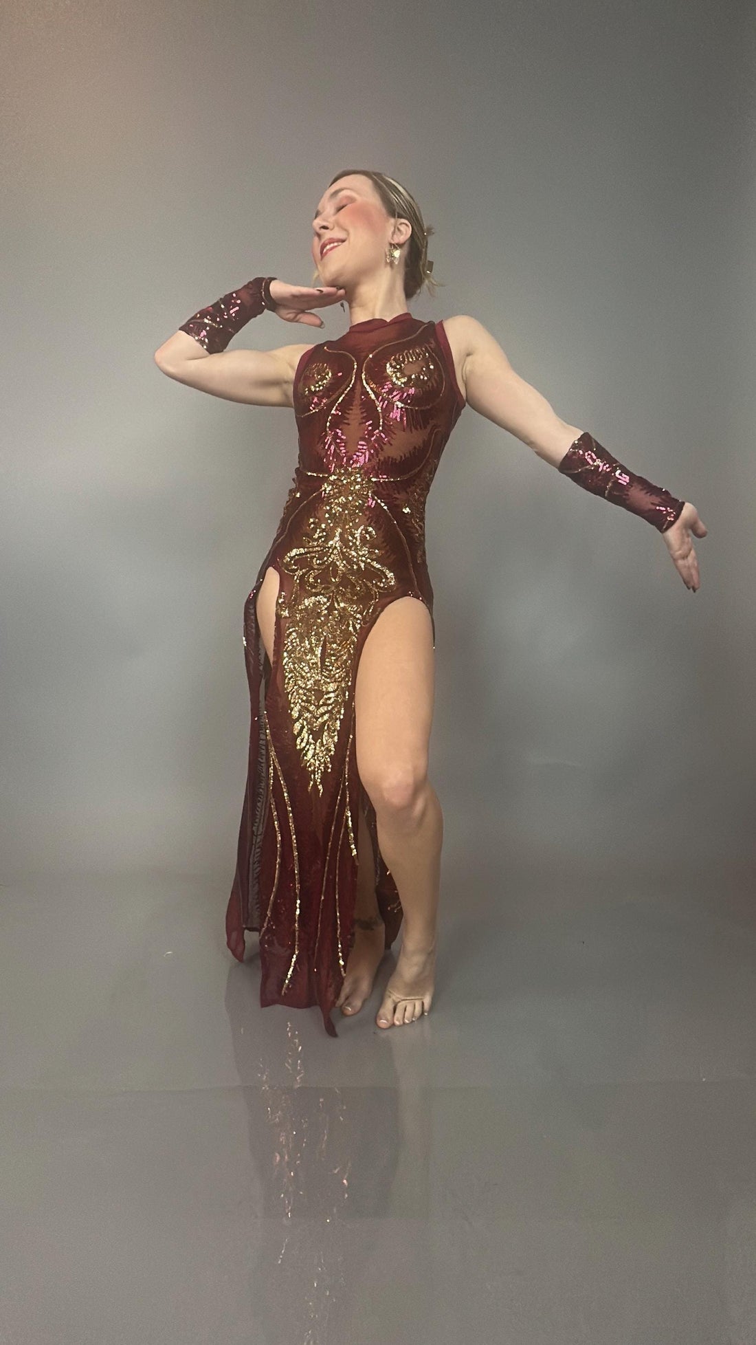 Red And Gold Sequin Sheer Dress, Sleeveless, Includes Hand Accessories