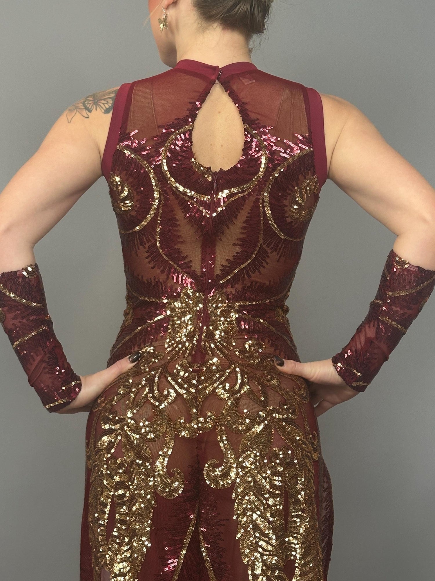 Burgundy And Gold Sequin Sheer Dress, Sleeveless, Hand Accessories Burgundy And Gold Sequin Sheer Dress, Sleeveless, Hand Accessories