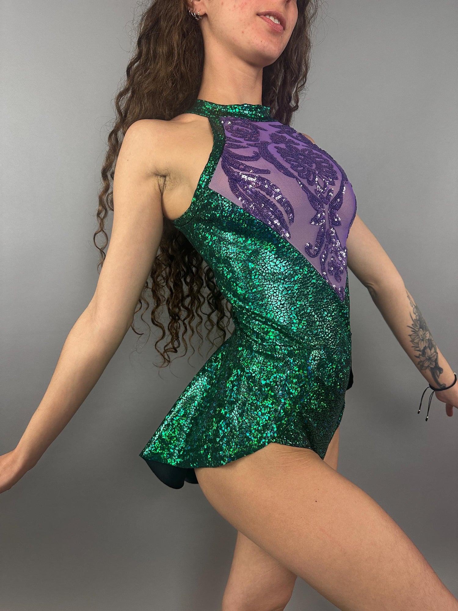 Shattered Emerald Skater Leotard, Halter Neck, Sheer Sequin Shattered Emerald Skater Leotard, Halter Neck, Sheer Sequin