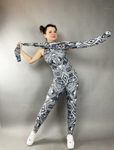 Spandex catsuit, yoga jumpsuit, exotic dance wear, geometric print, Spandex bodysuit, unisex clothing, Trending Now.