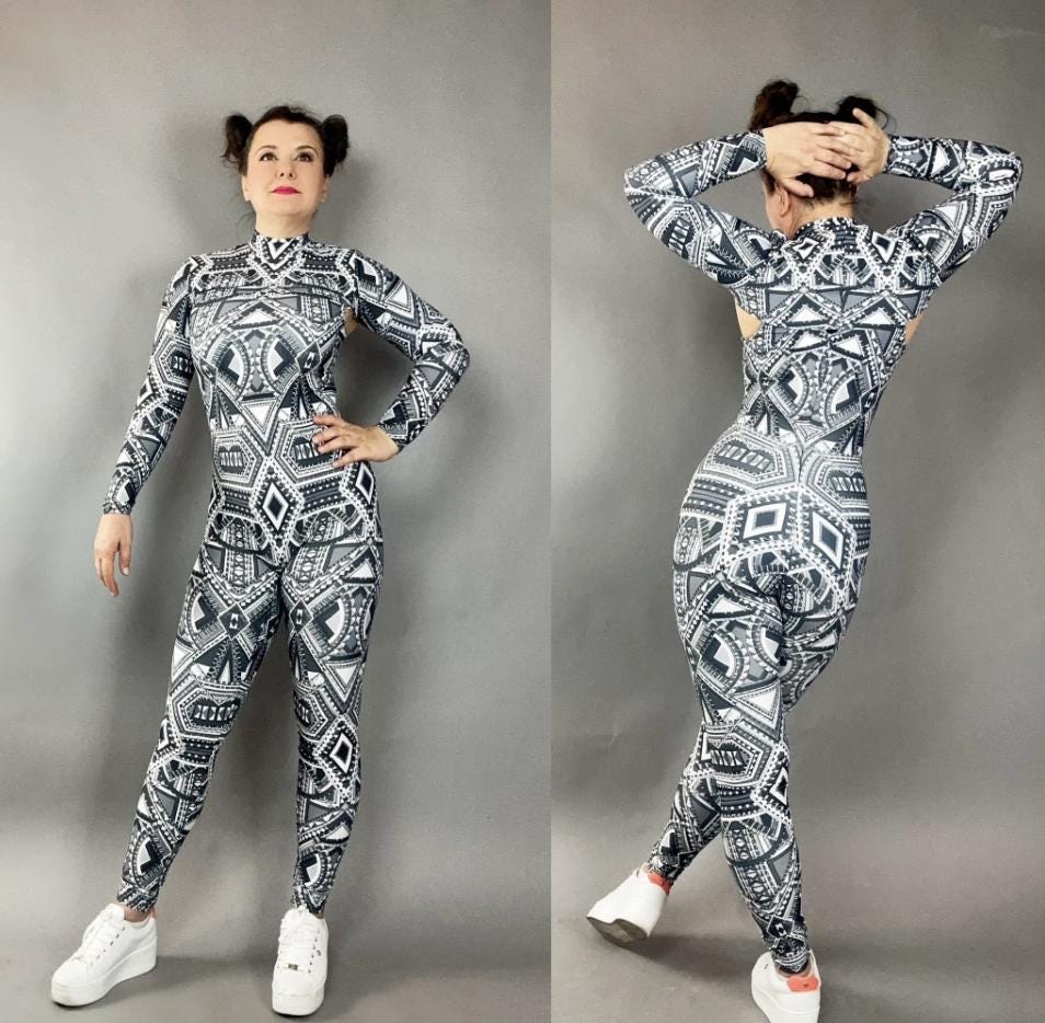 Spandex catsuit, yoga jumpsuit, exotic dance wear, geometric print, Spandex bodysuit, unisex clothing, Trending Now.
