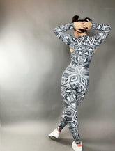 Spandex catsuit, yoga jumpsuit, exotic dance wear, geometric print, Spandex bodysuit, unisex clothing, Trending Now.
